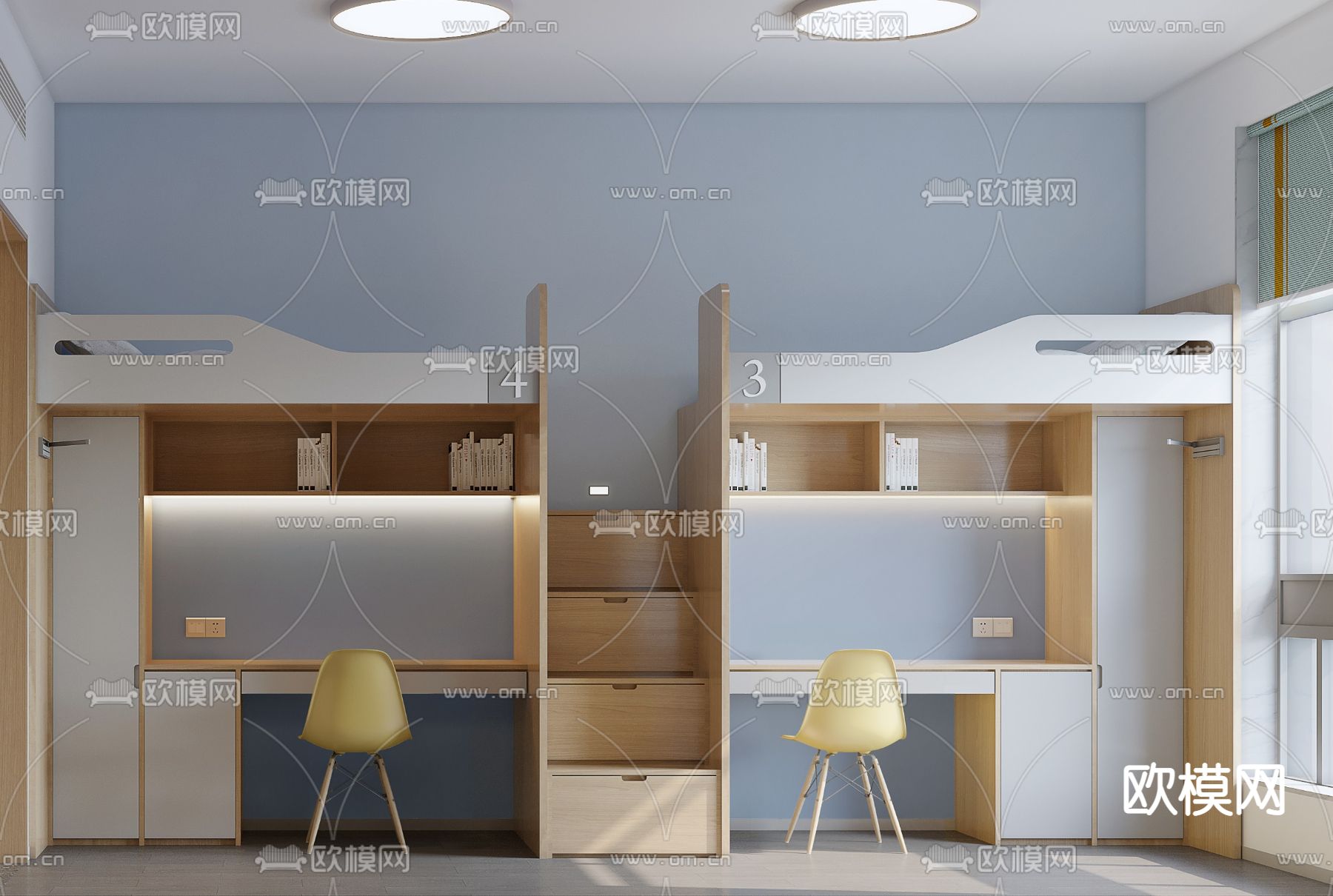 现代上下铺学生宿舍3d模型下载（渲染图3）