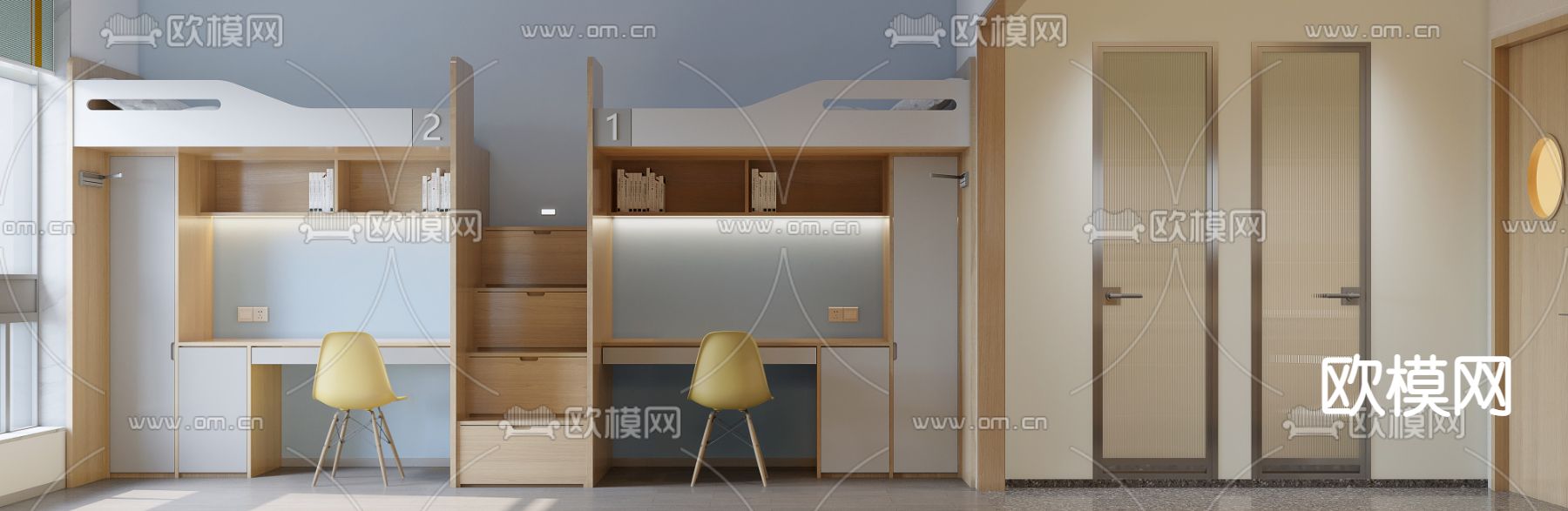 现代上下铺学生宿舍3d模型下载（渲染图4）