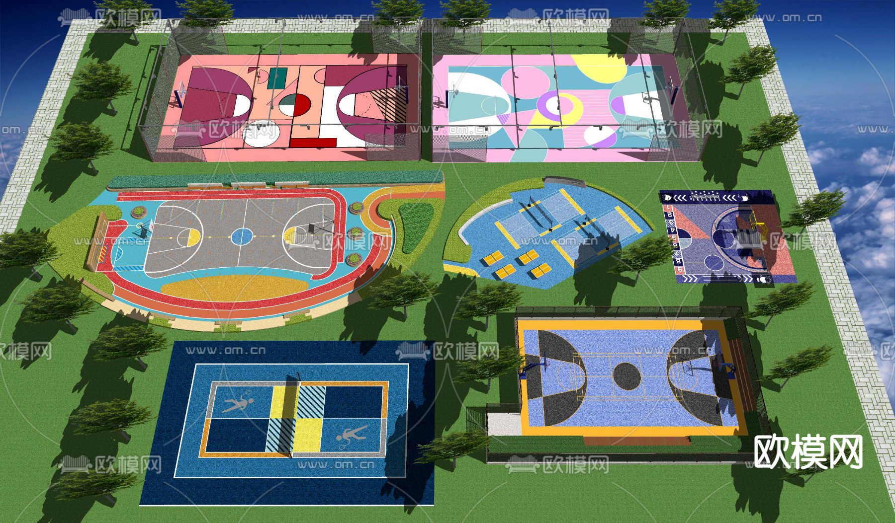 现代户外篮球场su模型下载