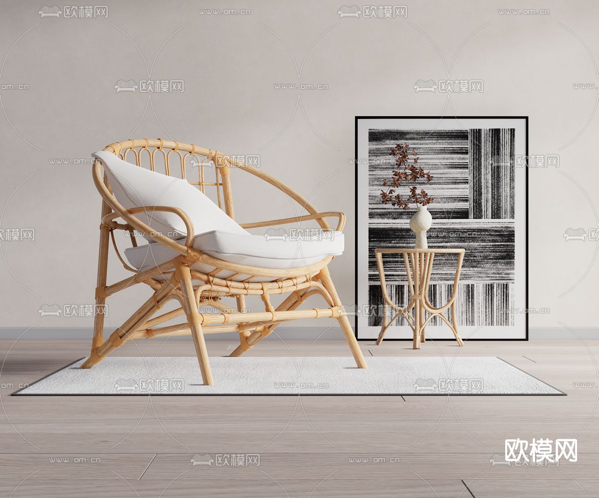 侘寂藤编休闲椅su模型下载（渲染图1）