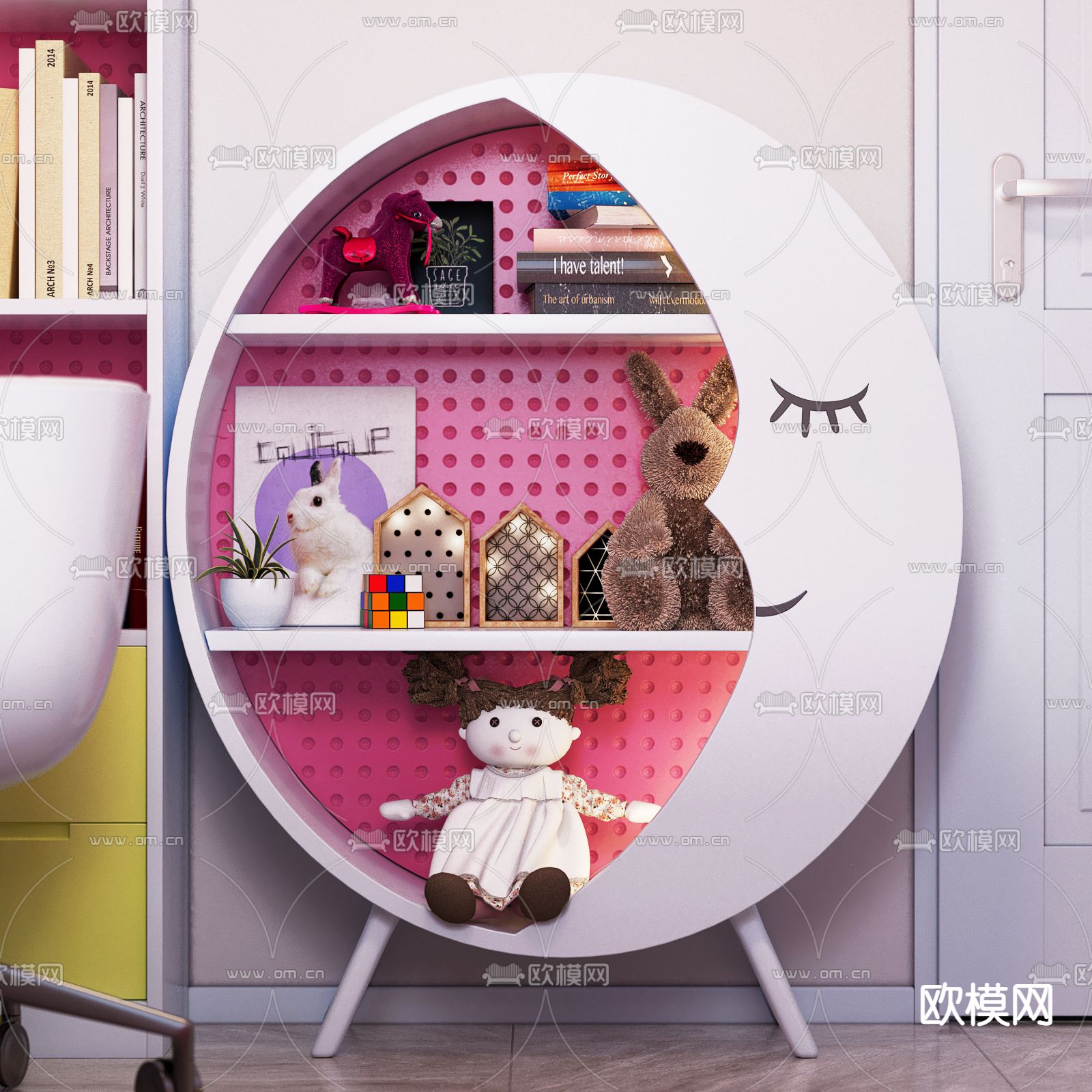 现代儿童公主书桌月亮书柜3d模型下载（渲染图5）