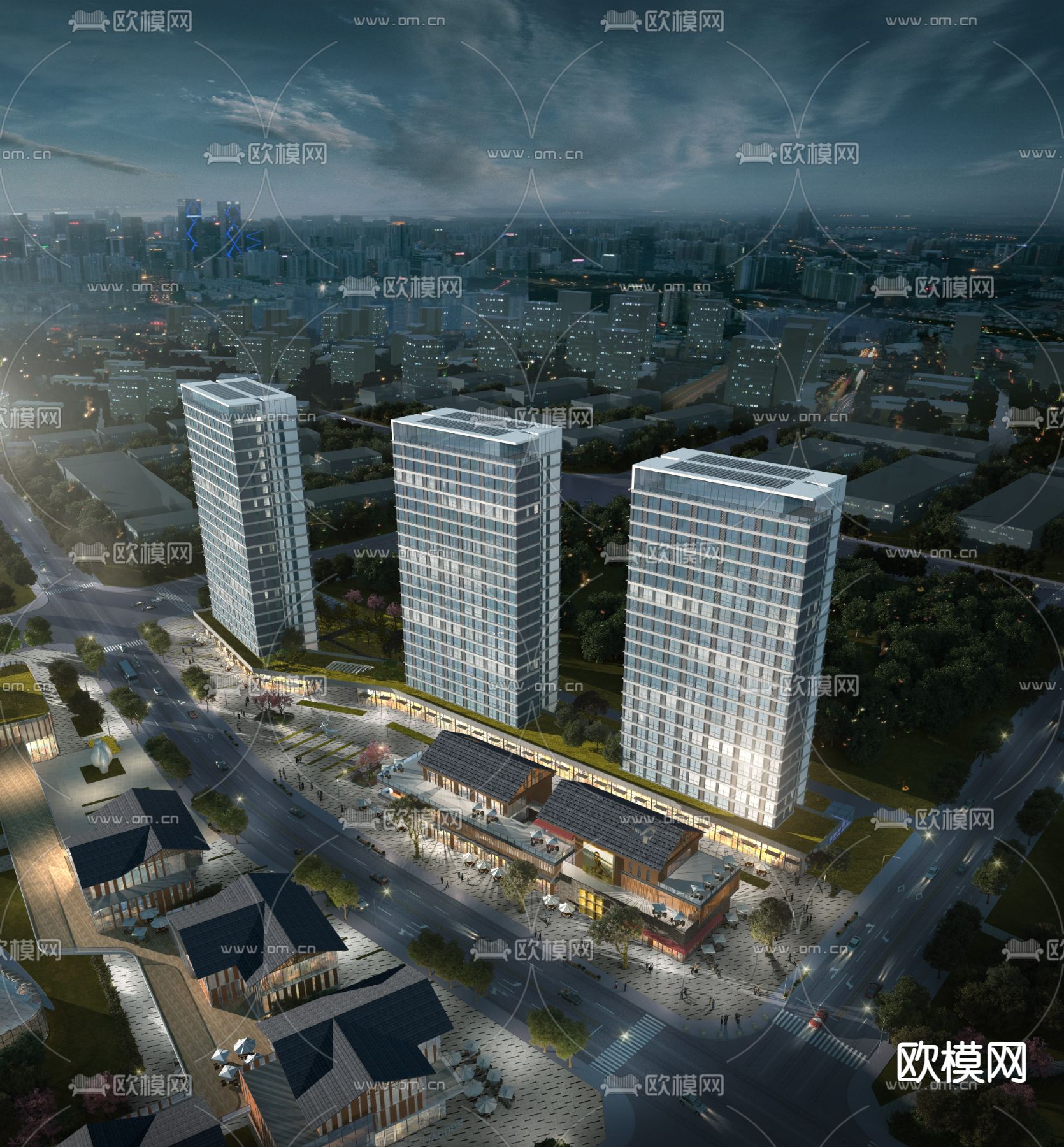 现代高层办公楼鸟瞰夜景3d模型下载