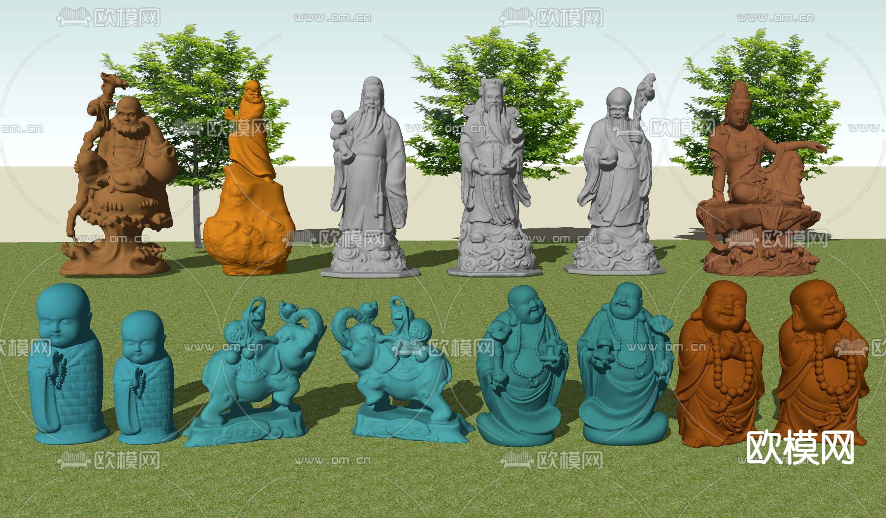 中式关公雕塑su模型下载