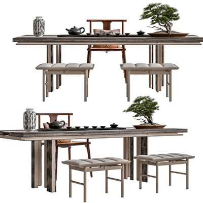 新中式茶桌椅su模型