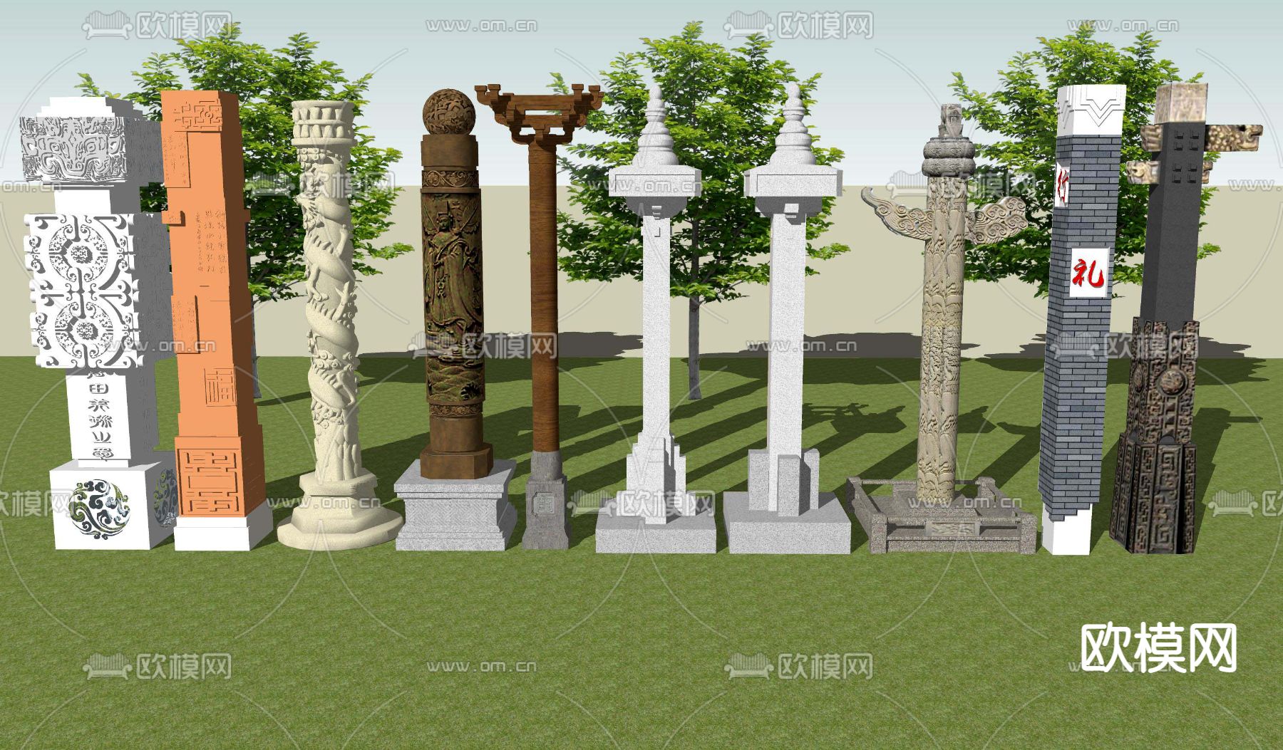 中式精神堡垒龙柱浮雕su模型下载