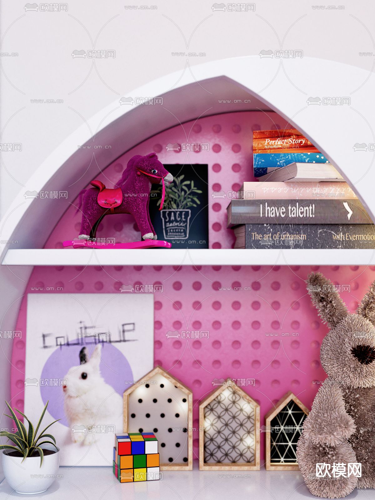 现代儿童公主书桌月亮书柜3d模型下载（渲染图4）