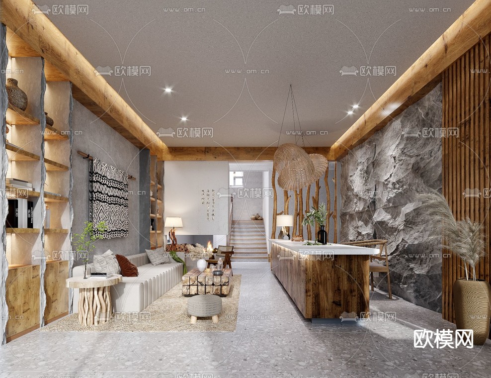 侘寂风民宿大厅3d模型下载_ID11760306_3dmax免费模型-欧模网