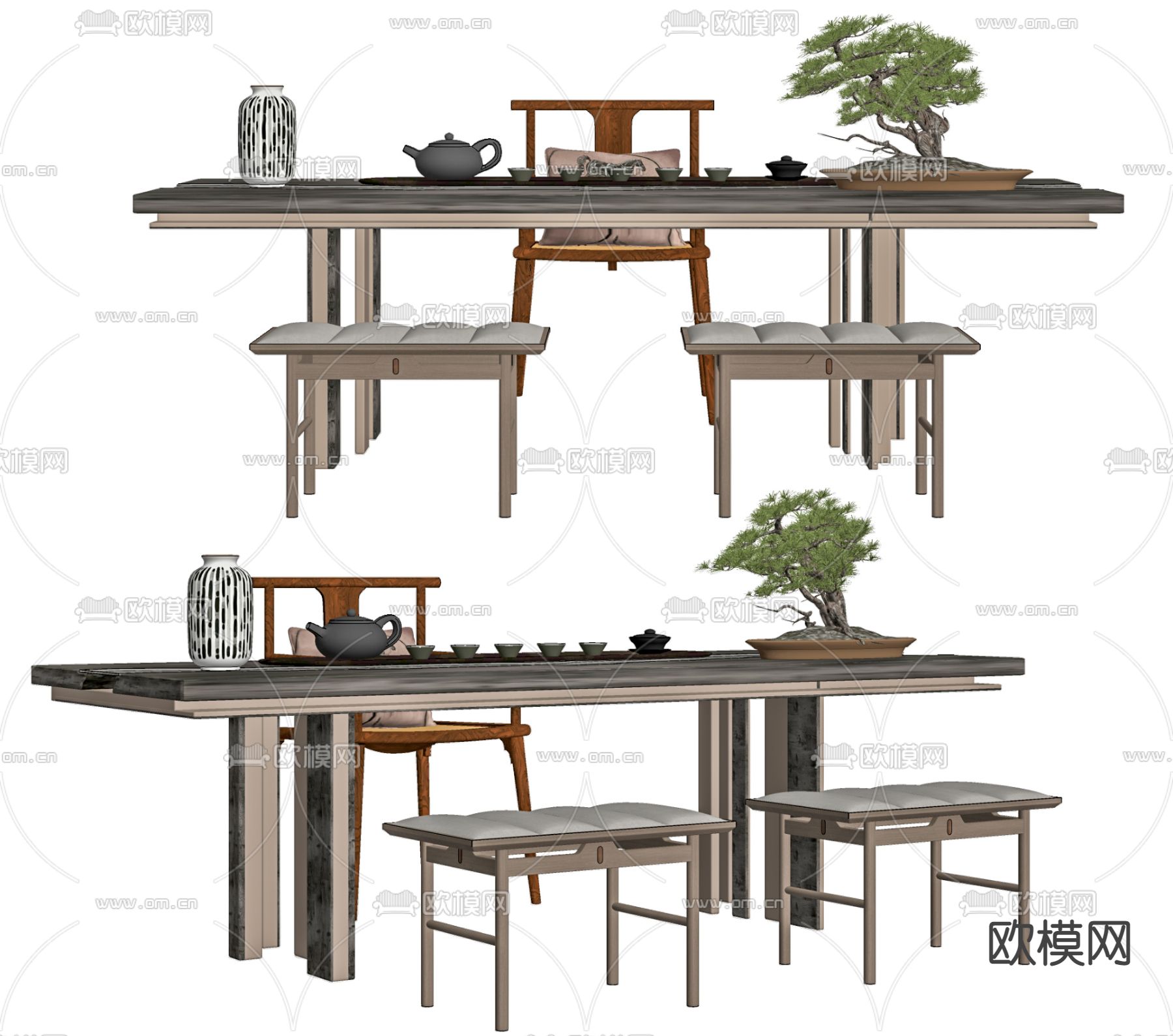 新中式茶桌椅su模型