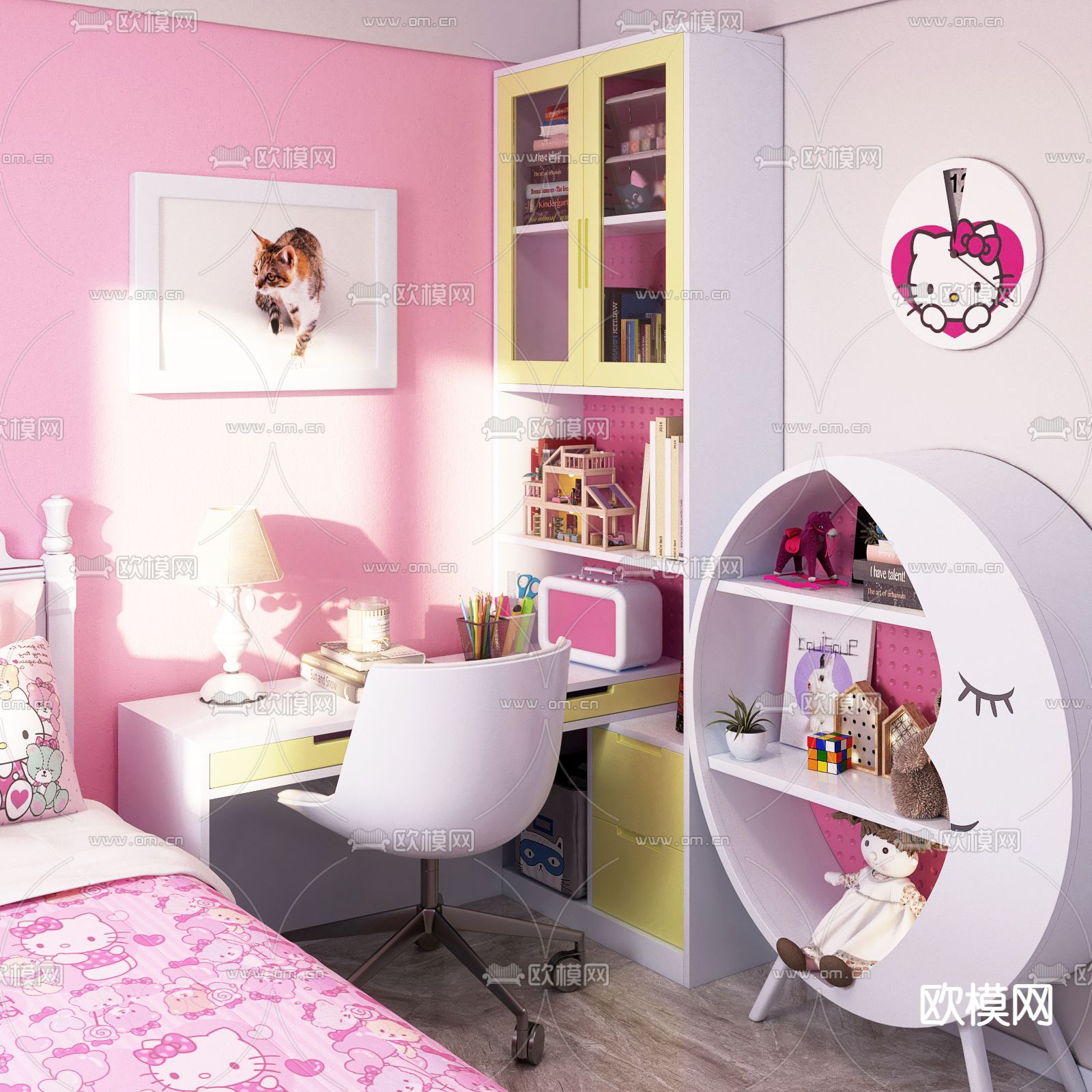 现代儿童公主书桌月亮书柜3d模型下载（渲染图1）