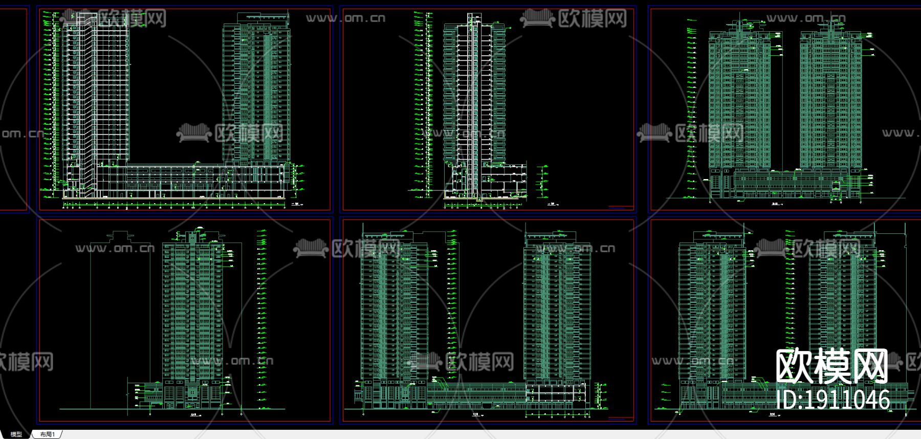 某高层商住楼cad平立剖图下载（渲染图1）