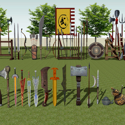  新中式冷兵器刀剑弓箭su模型 