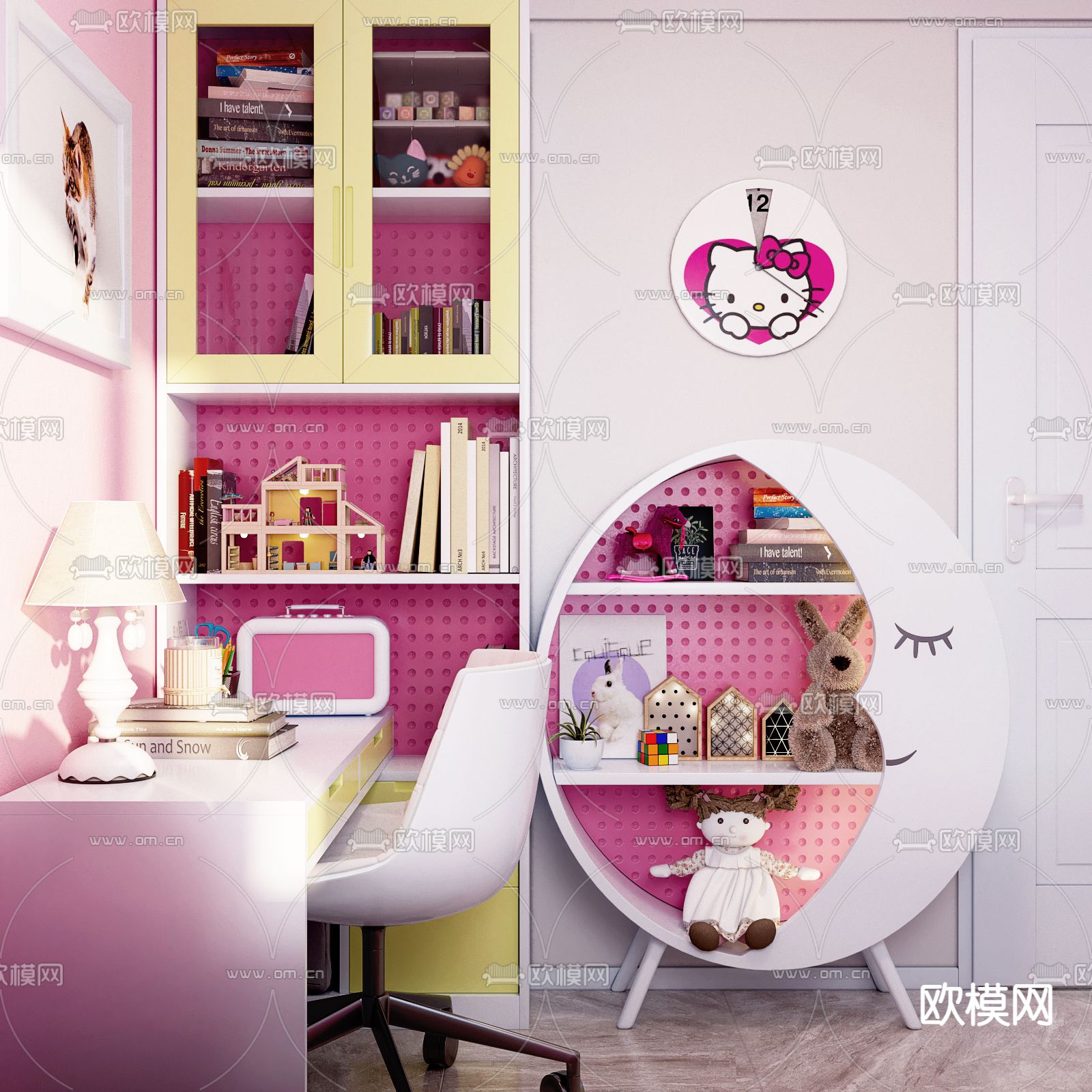 现代儿童公主书桌月亮书柜3d模型下载（渲染图3）
