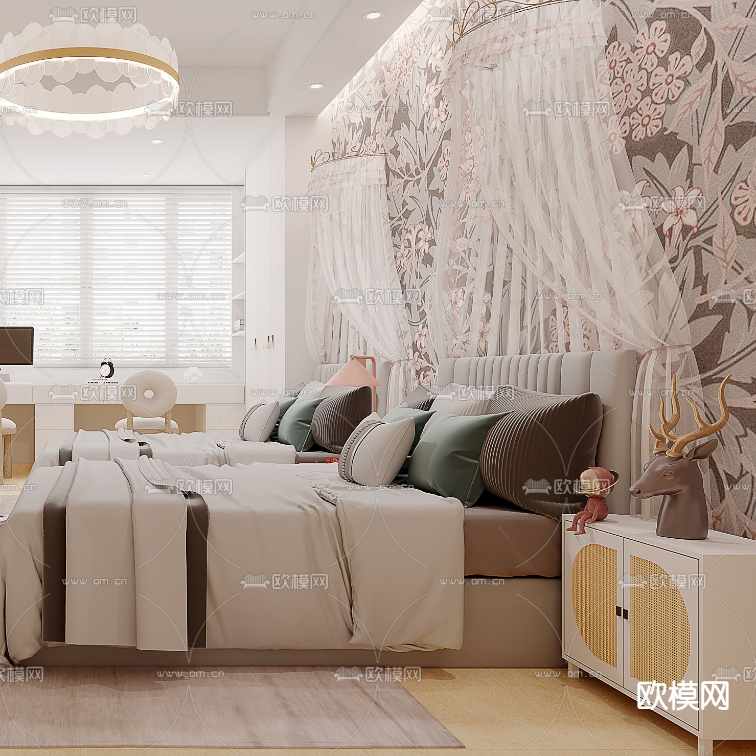欧式卧室女孩房3d模型下载（渲染图2）