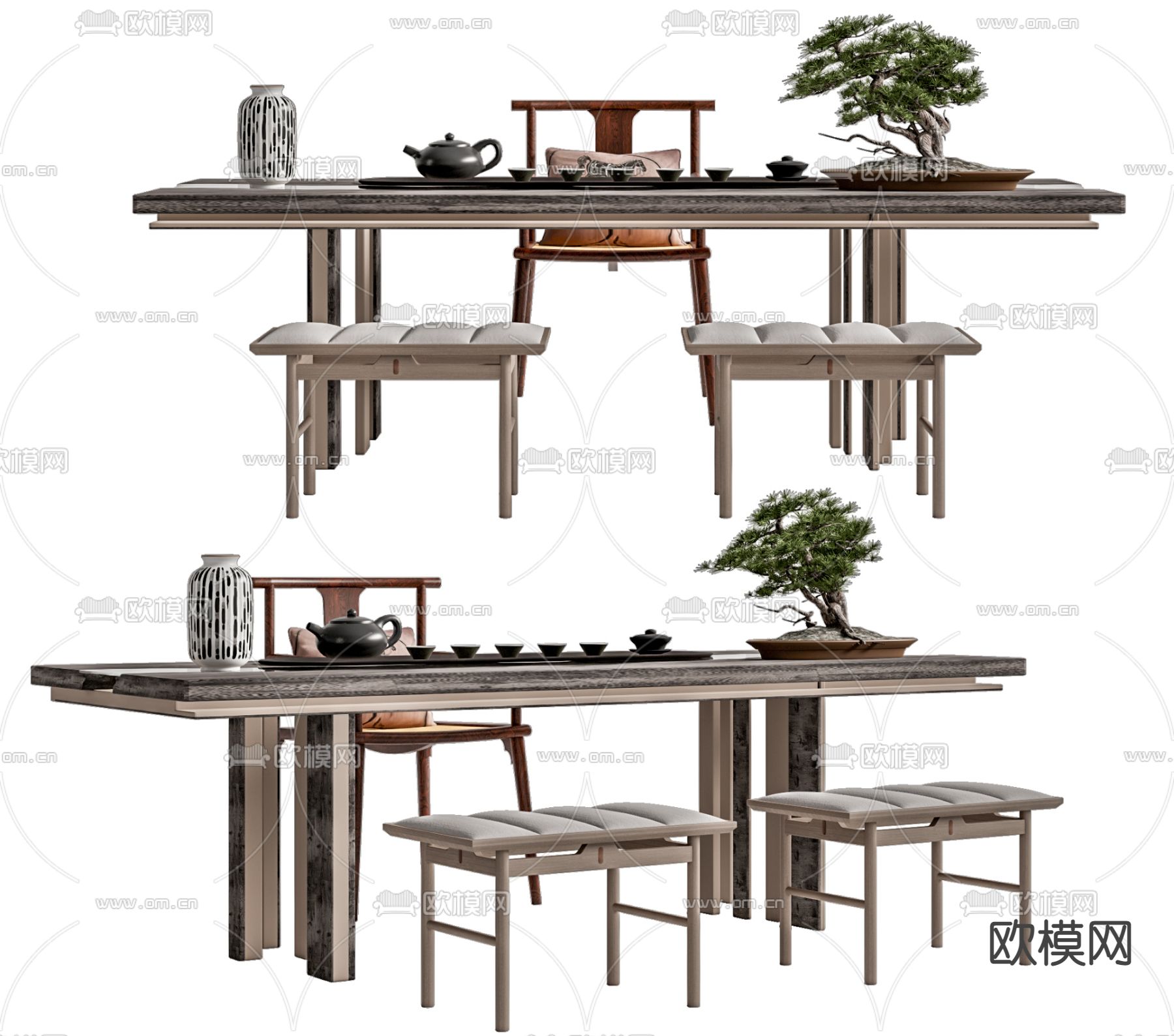 新中式茶桌椅su模型