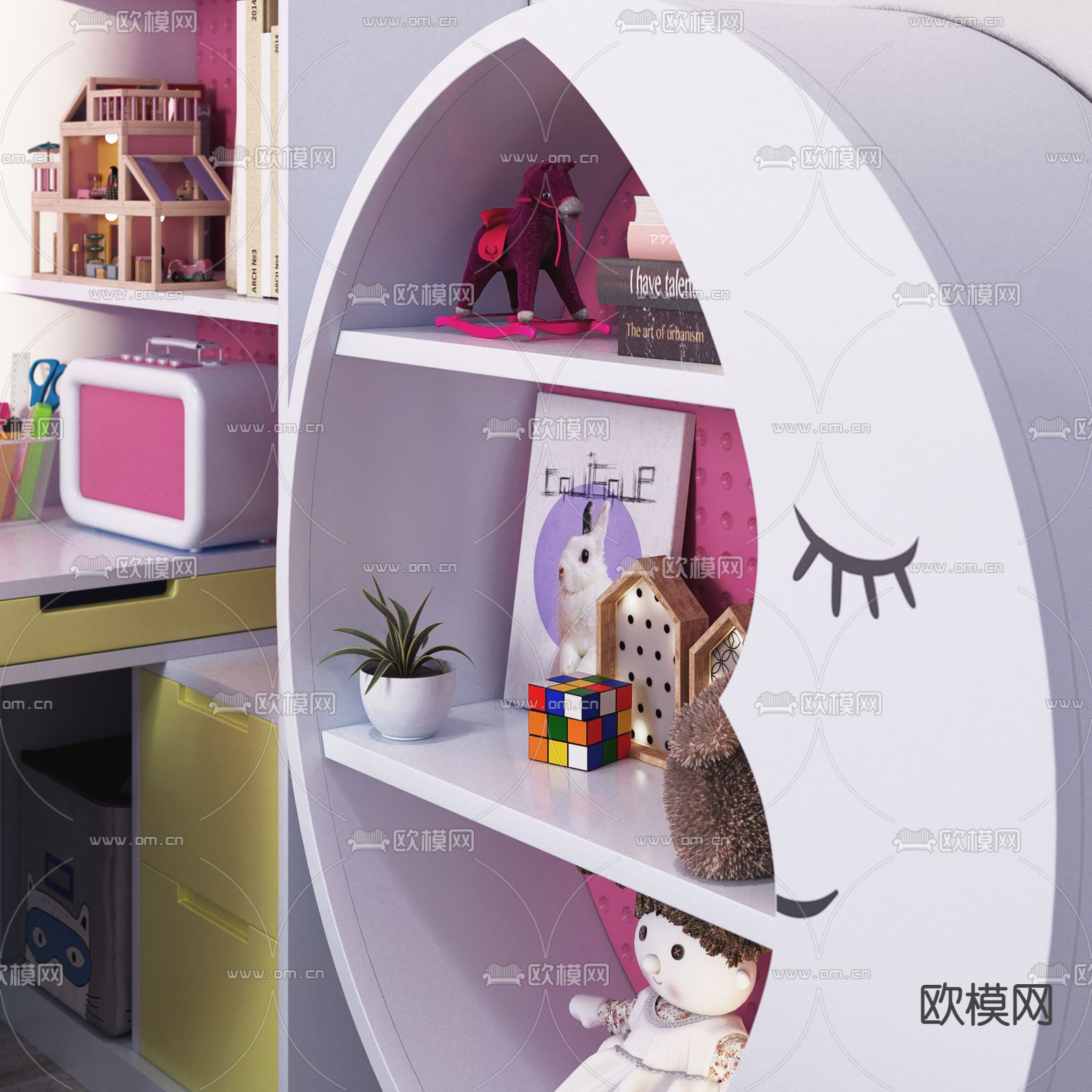现代儿童公主书桌月亮书柜3d模型下载（渲染图2）