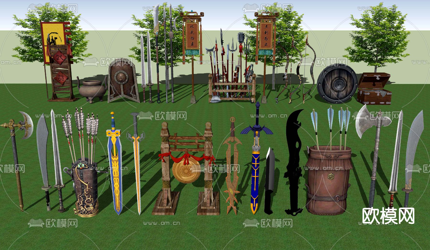 新中式冷兵器刀剑弓箭su模型下载