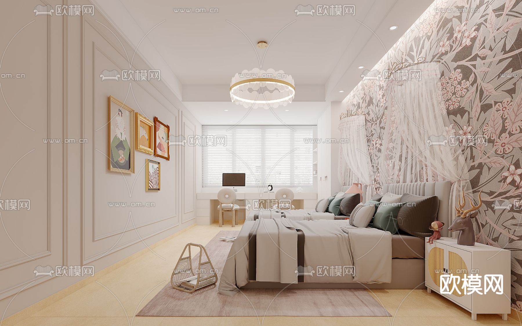 欧式卧室女孩房3d模型下载（渲染图1）