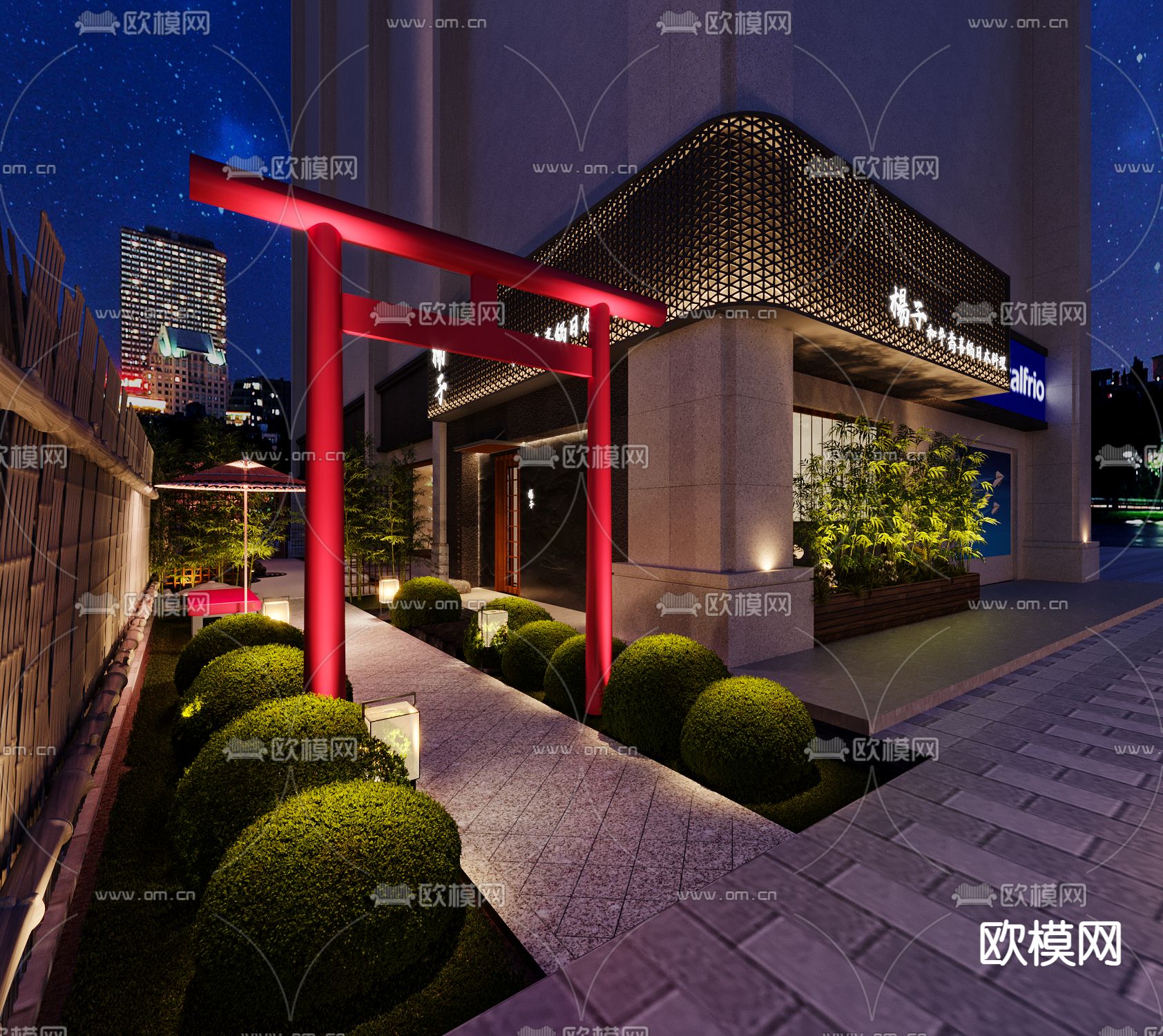 日式料理餐厅门头夜景3d模型下载_ID11760110_3dmax免费模型-欧模网