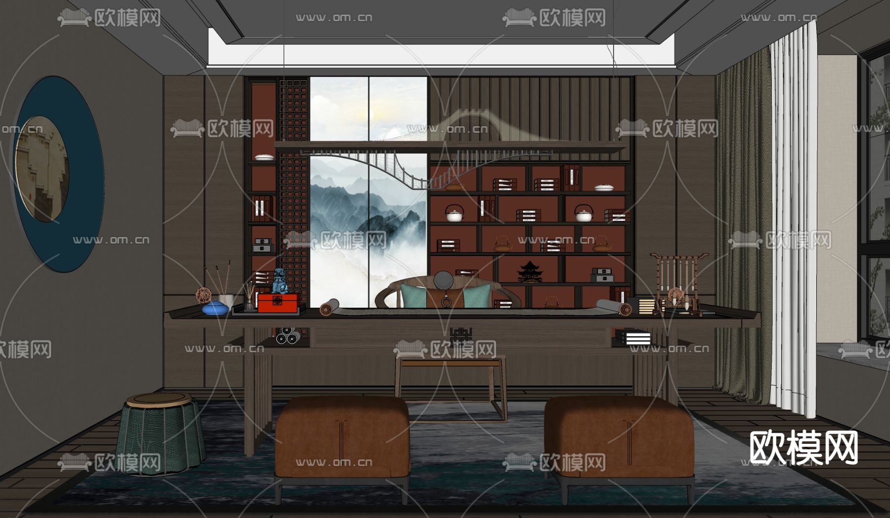 新中式书房su模型下载（渲染图2）