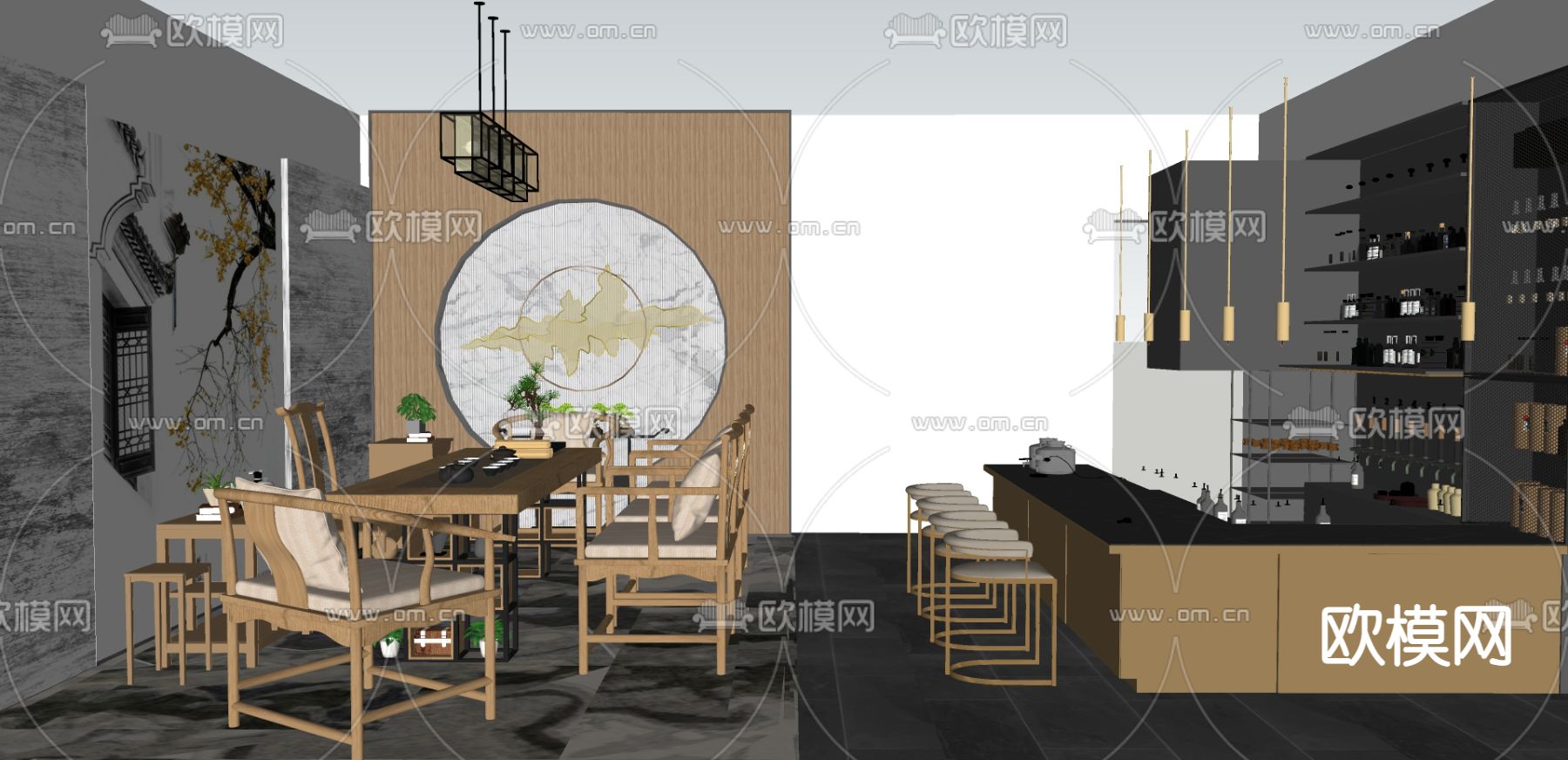 新中式酒店包厢su模型下载（渲染图2）