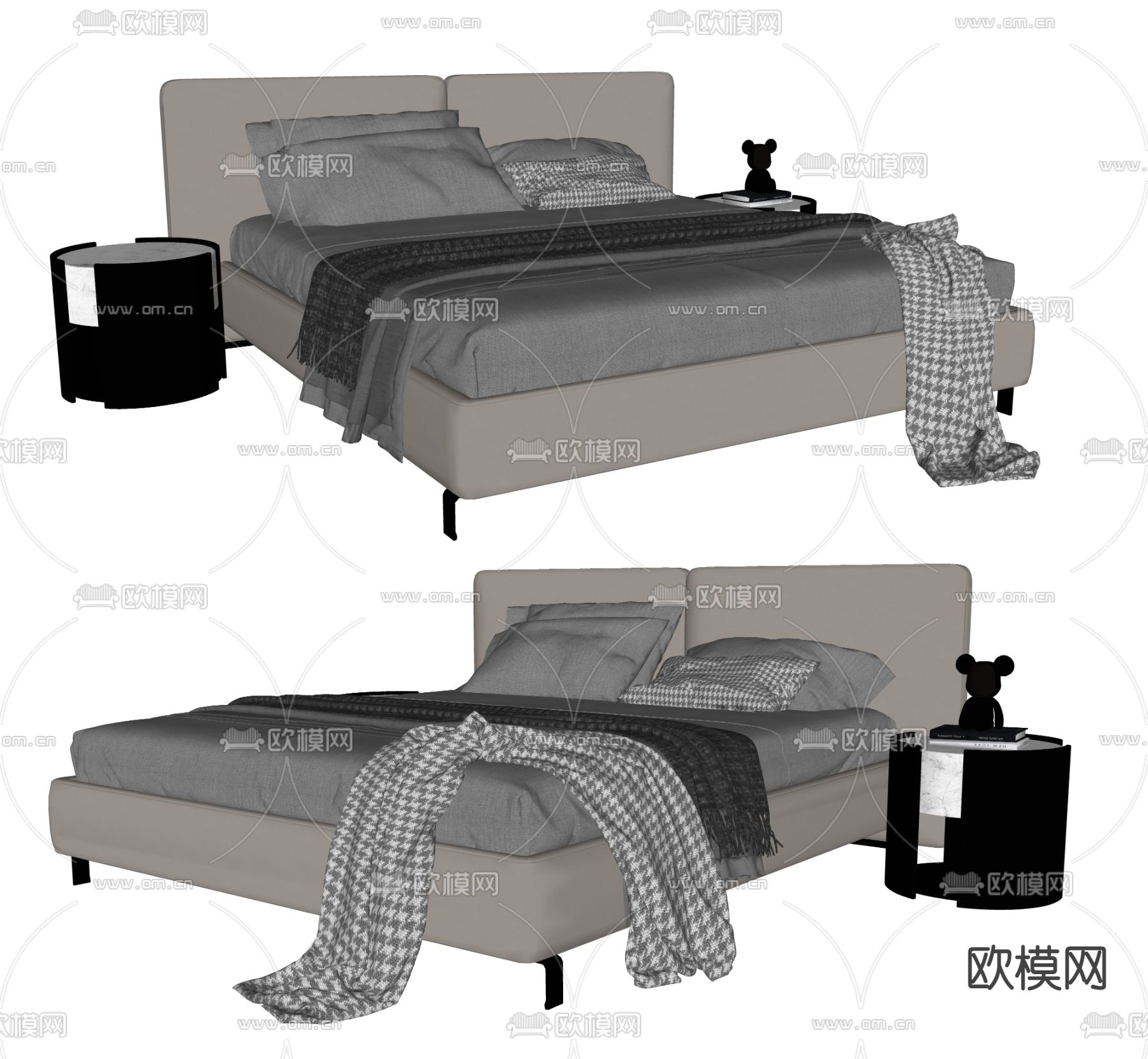 现代双人床su模型下载（渲染图2）
