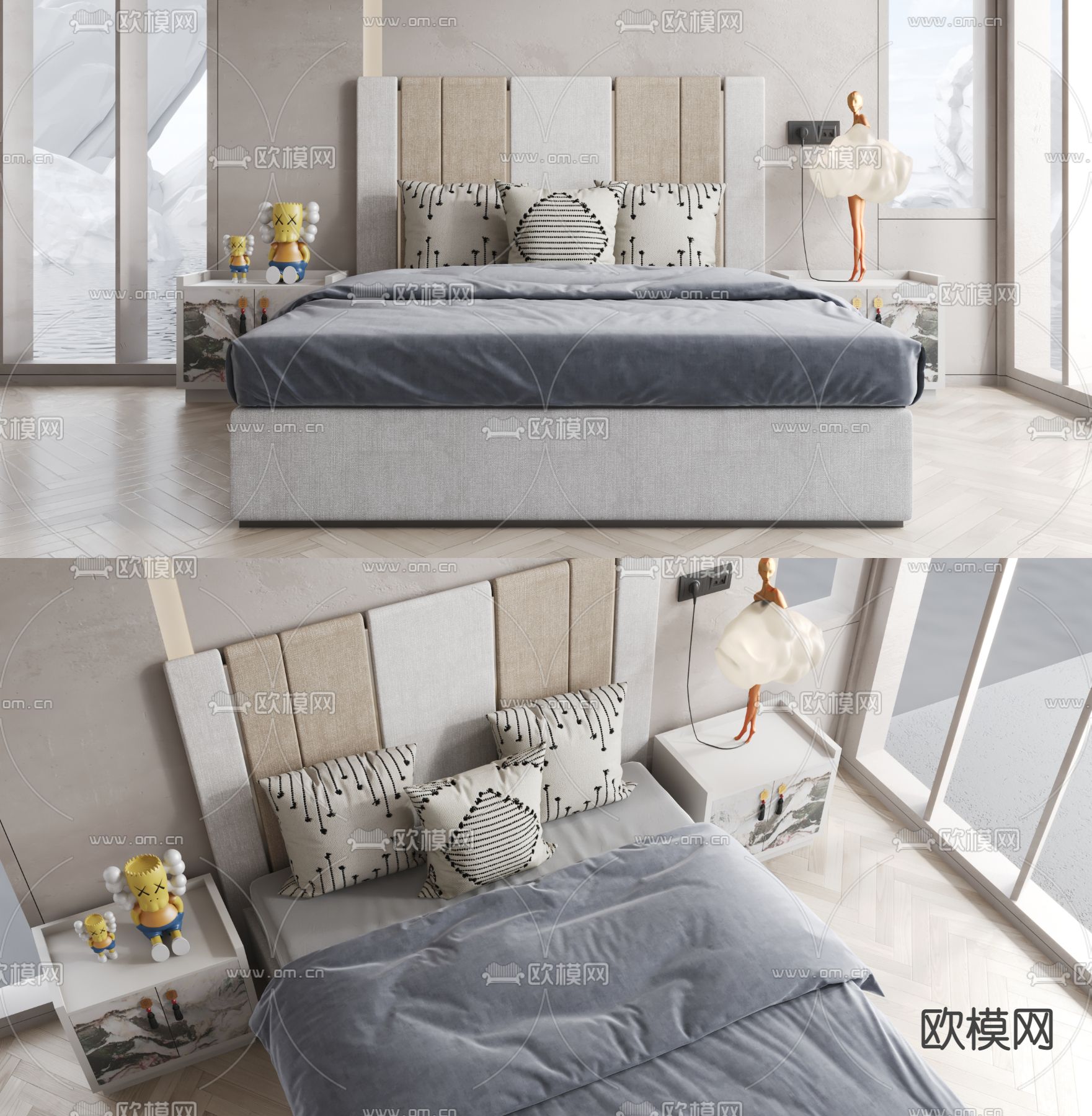 现代布艺双人床3d模型下载（渲染图1）