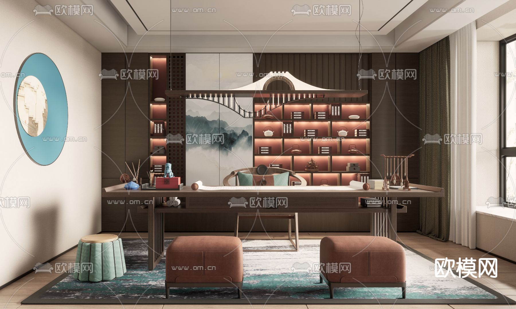 新中式书房su模型下载（渲染图1）