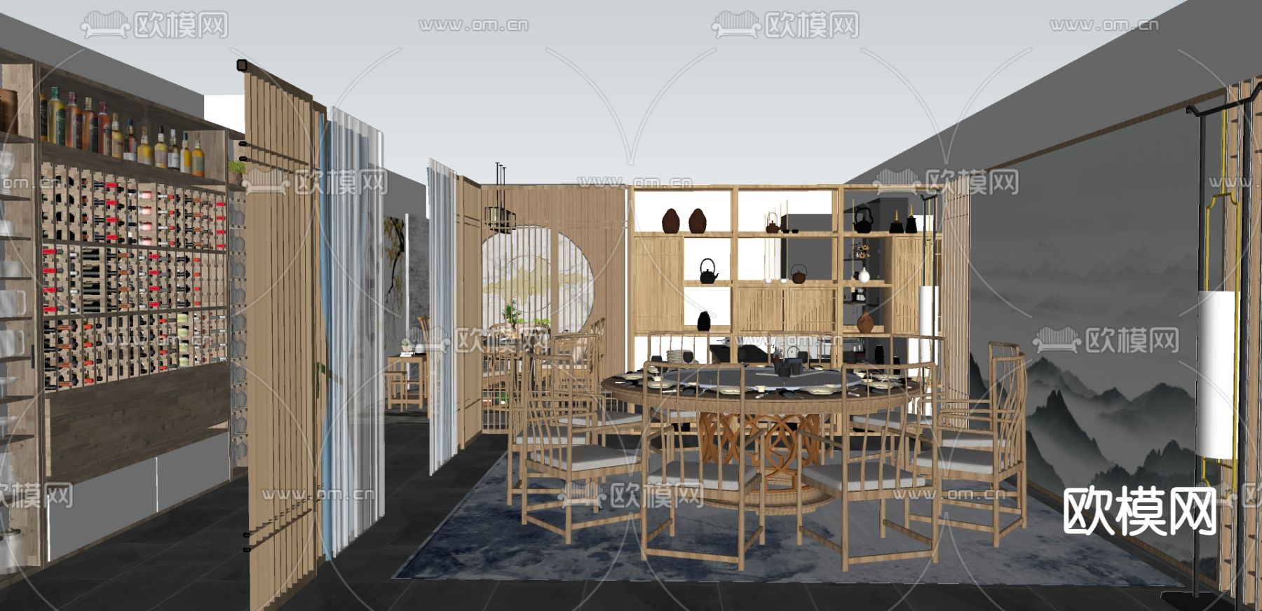 新中式酒店包厢su模型下载（渲染图1）