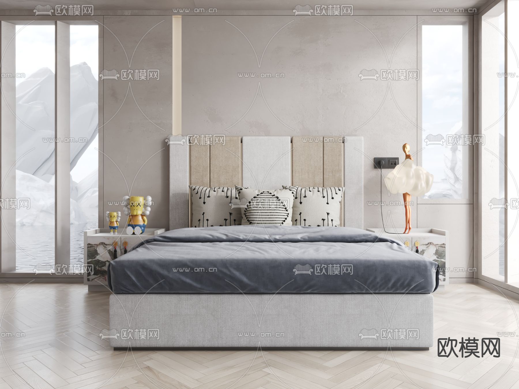 现代布艺双人床3d模型下载（渲染图2）