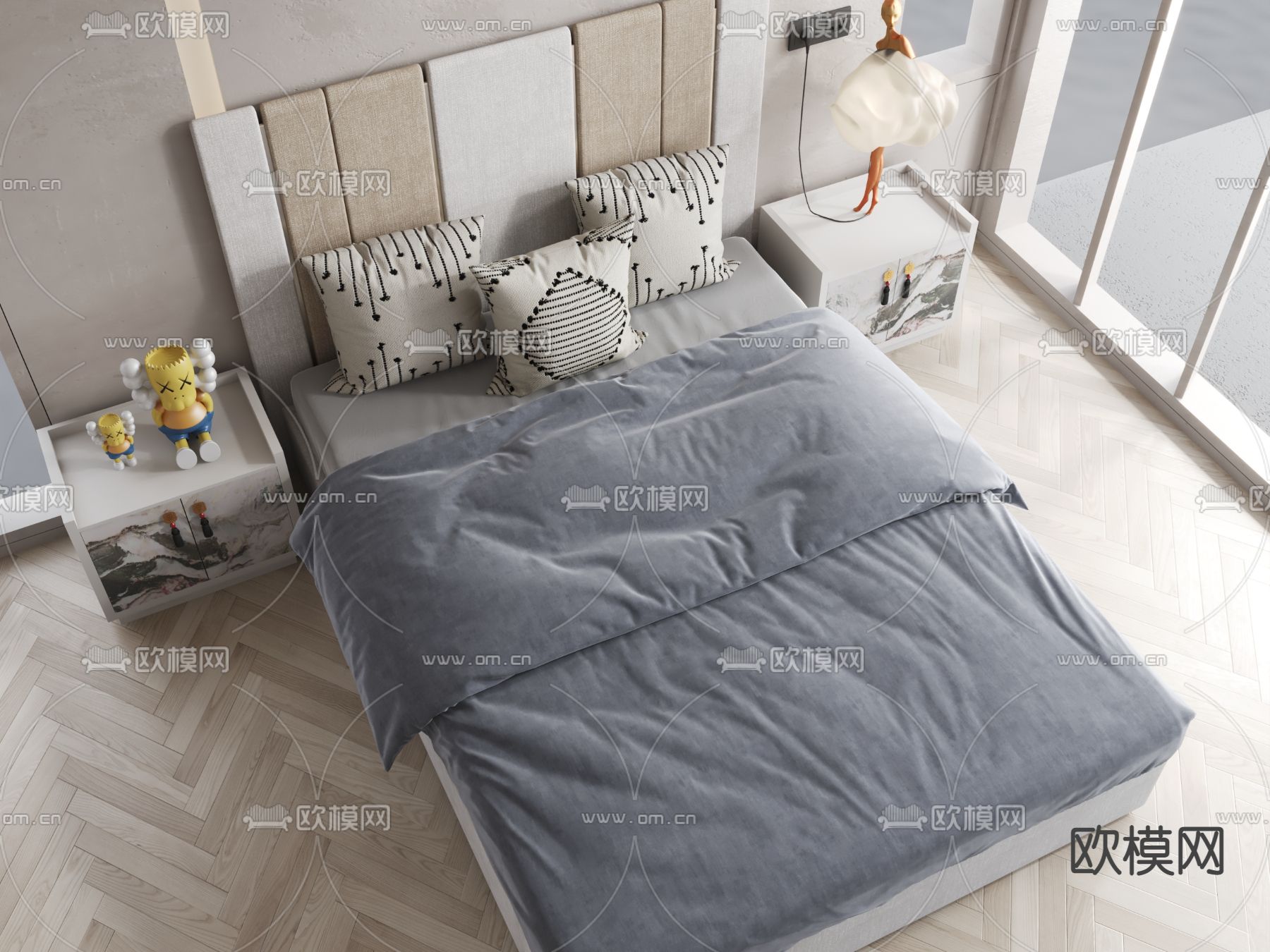 现代布艺双人床3d模型下载（渲染图3）