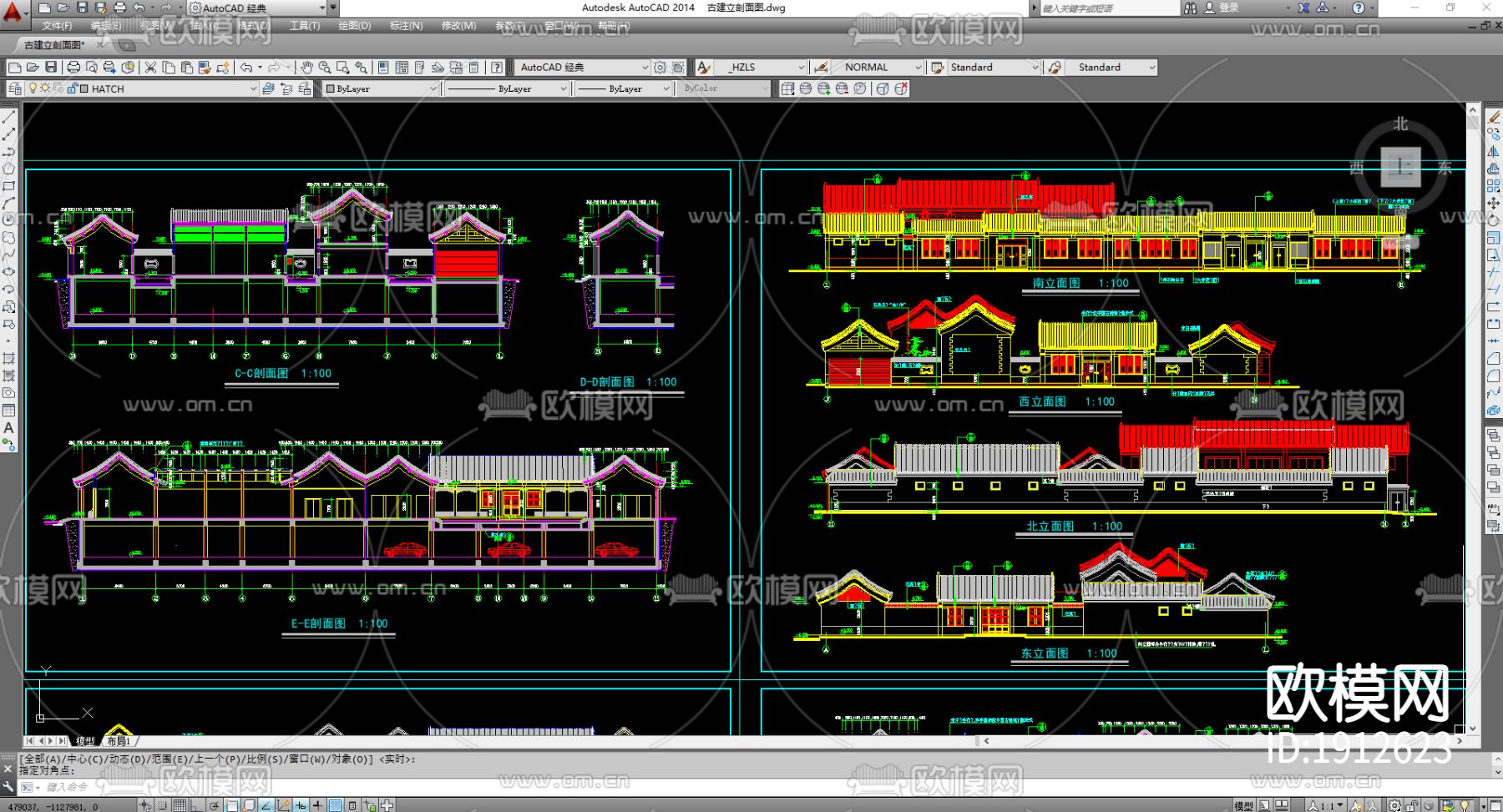 古建牌坊长廊立面cad施工图下载（渲染图1）