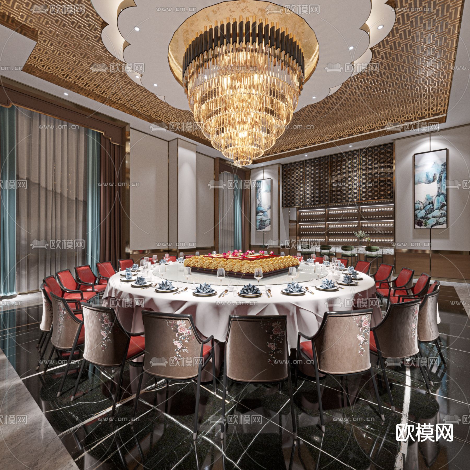 新中式酒店餐厅大包房3d模型