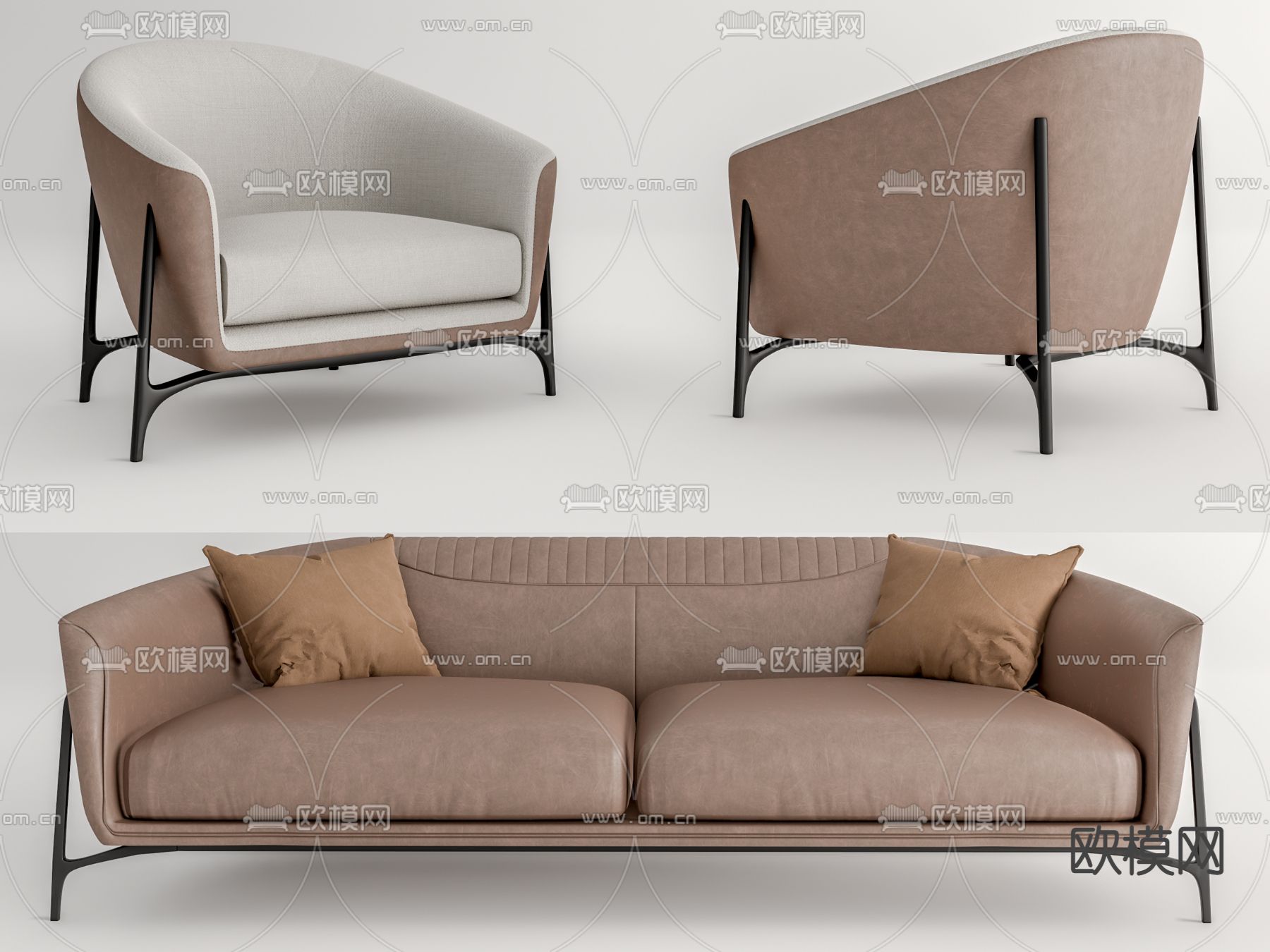 现代皮革双人沙发su模型下载（渲染图1）