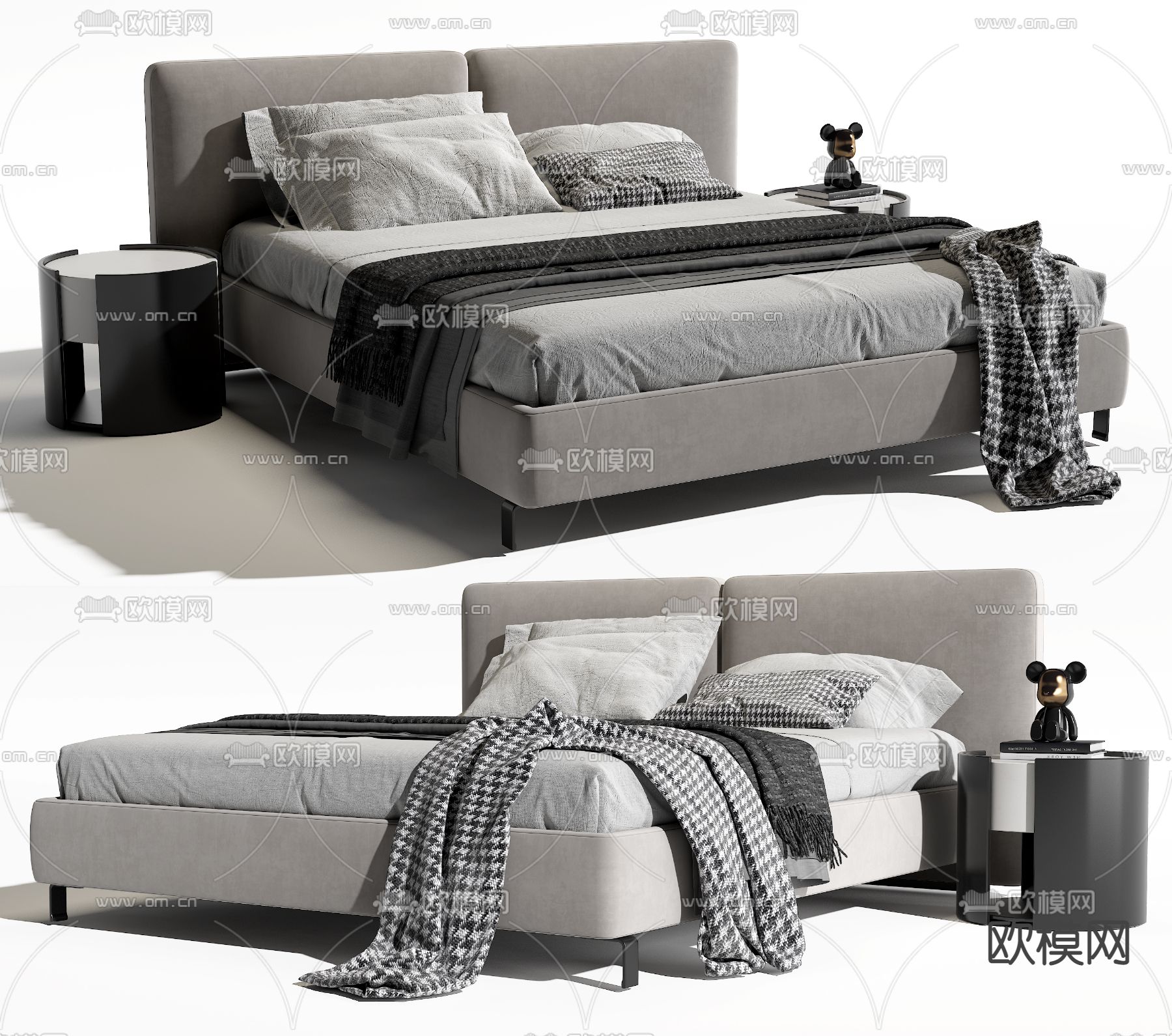 现代双人床su模型下载（渲染图1）