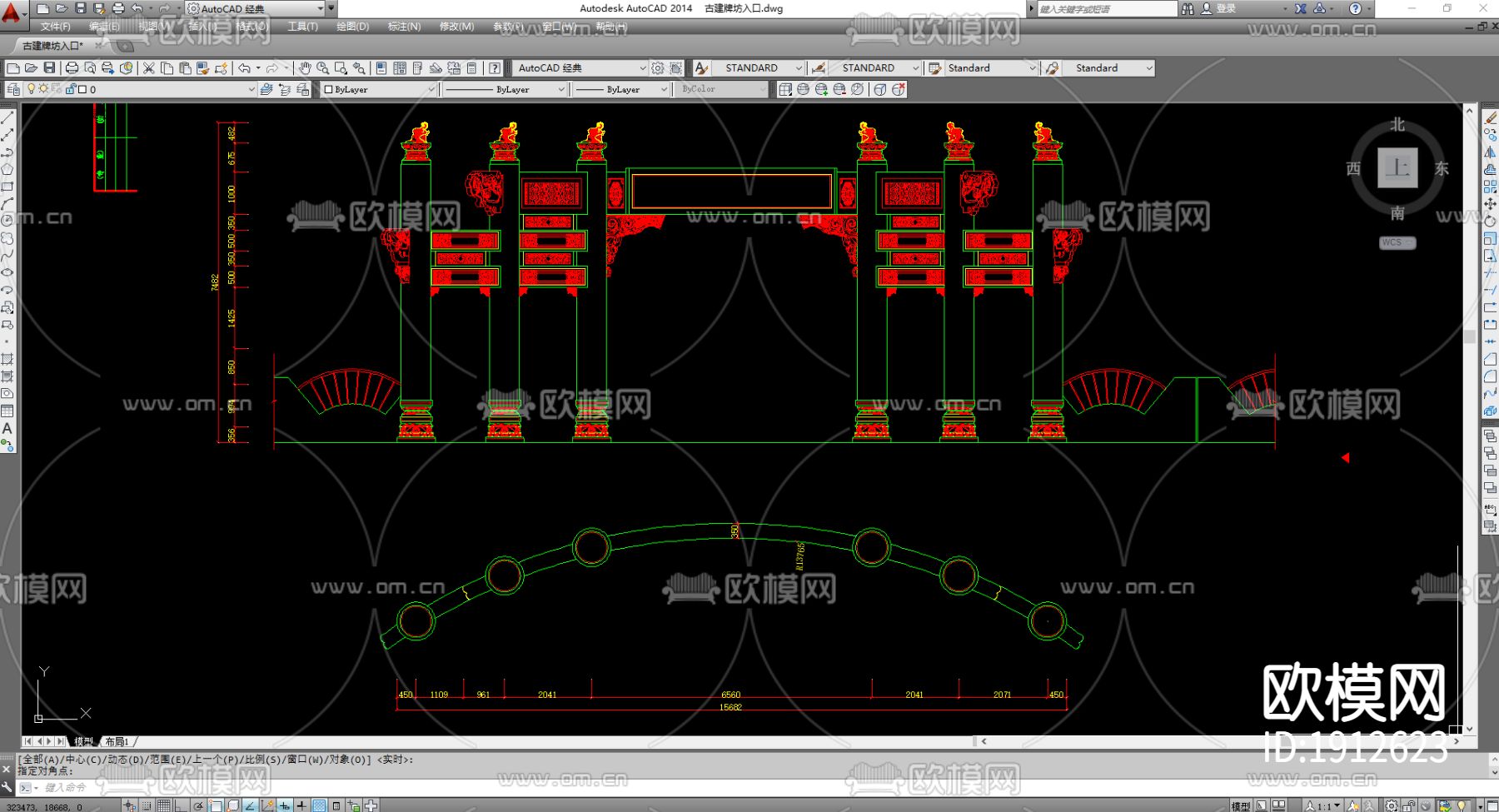 古建牌坊长廊立面cad施工图下载（渲染图3）
