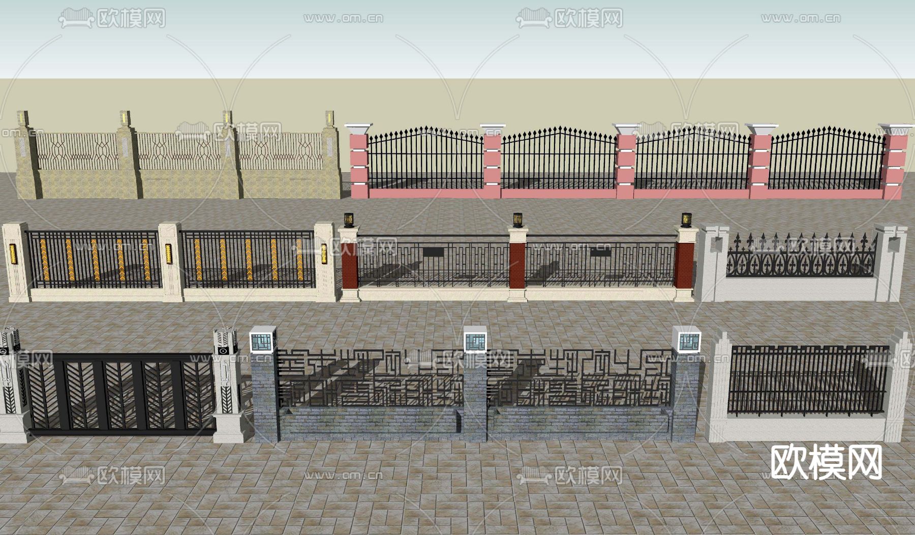 欧式铁艺栅栏围墙围栏su模型下载