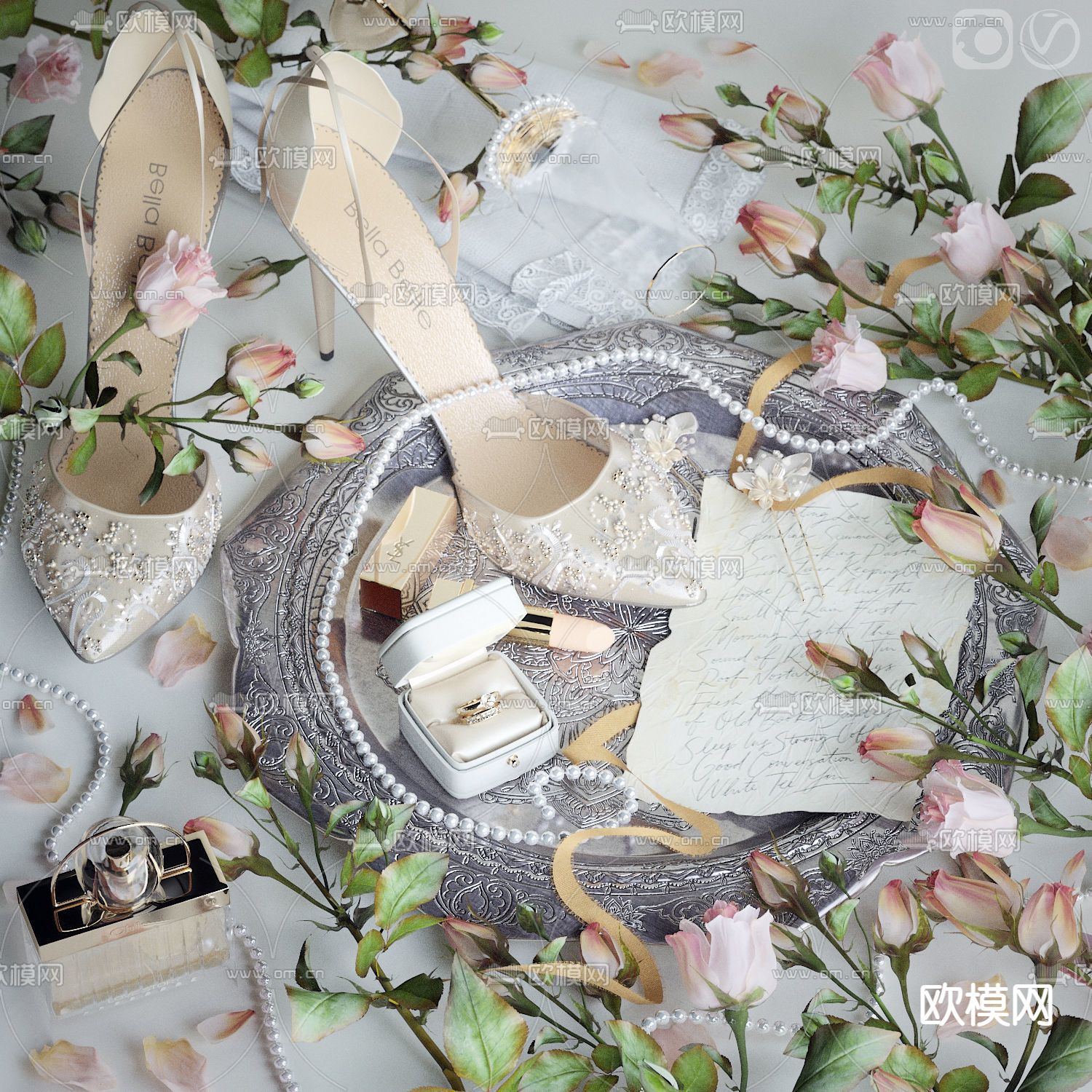 现代高跟鞋钻戒婚礼饰品摆设3d模型下载