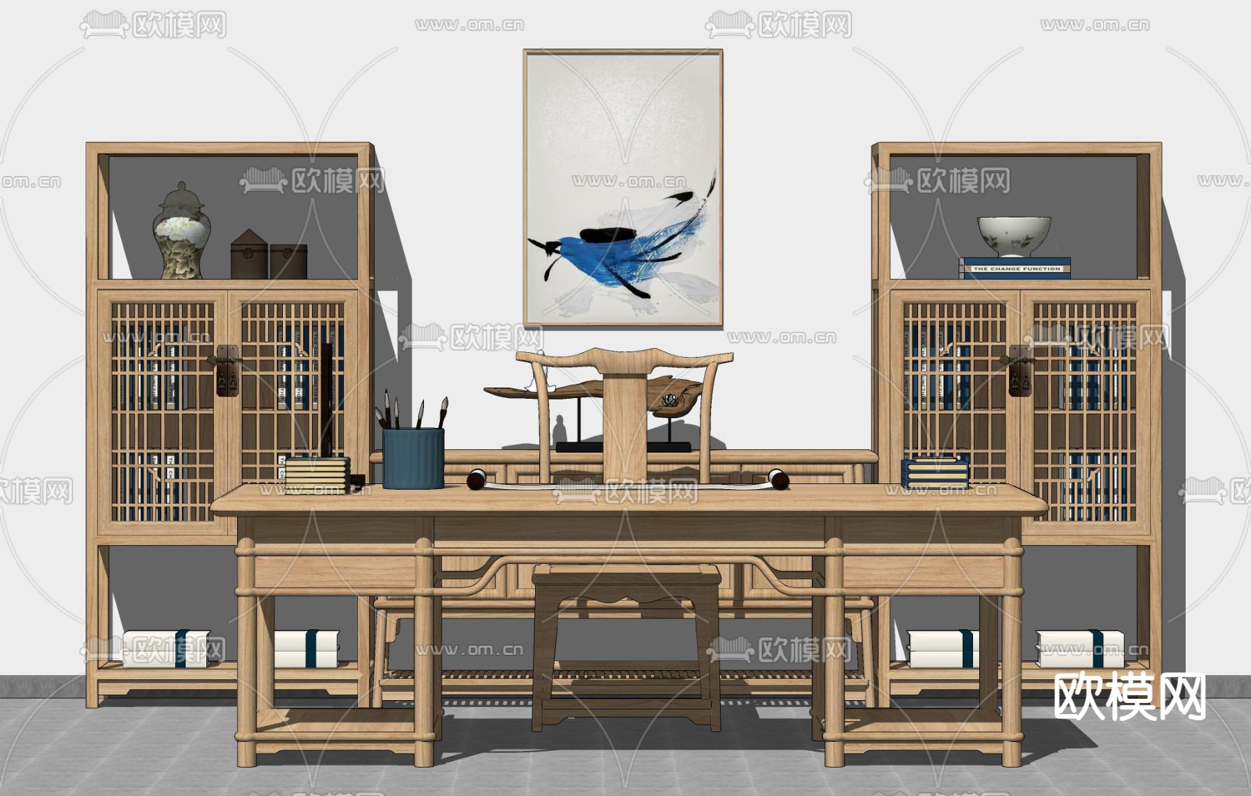 新中式实木书桌椅su模型下载