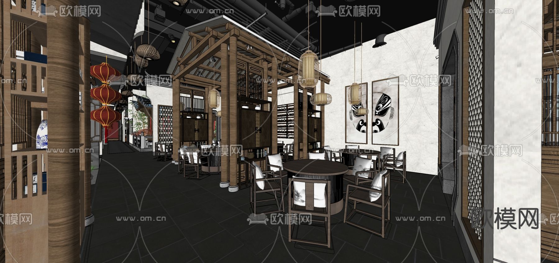 新中式餐厅su模型下载