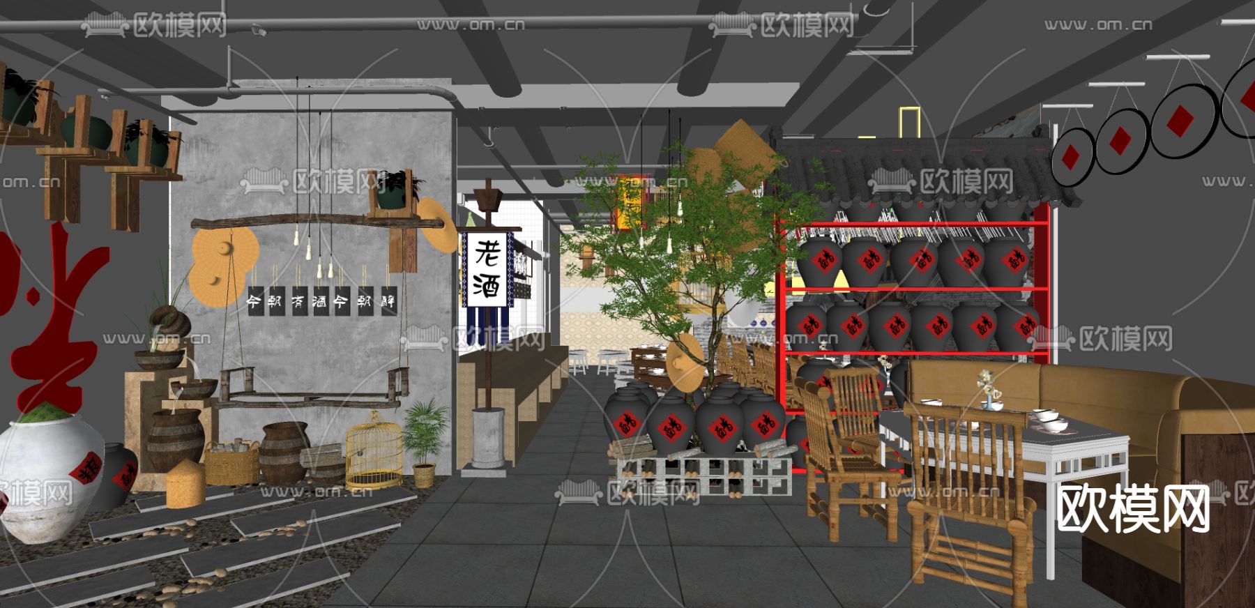 新中式快餐厅su模型