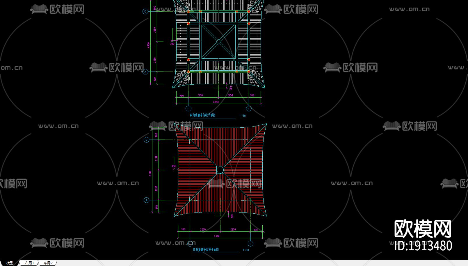 四角重檐亭cad平面图下载