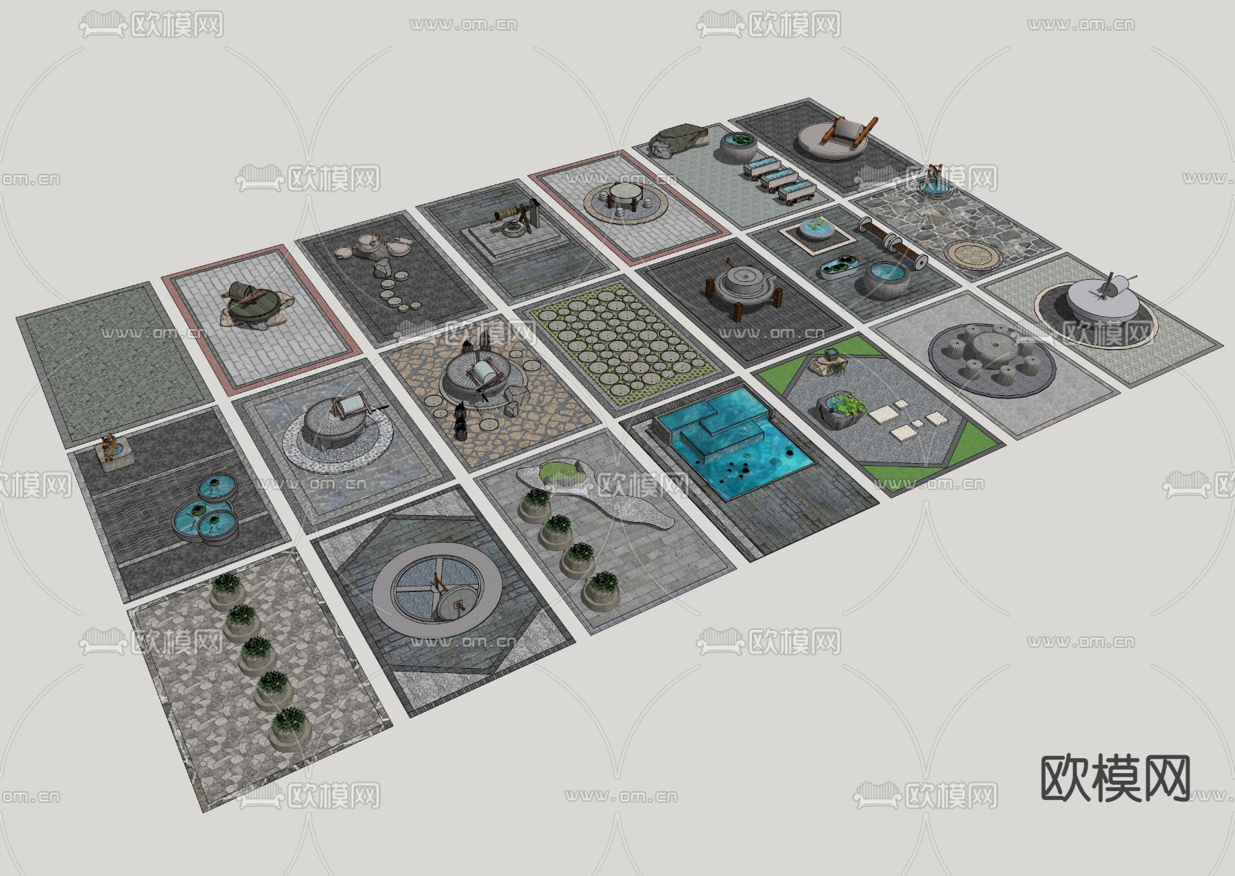 现代乡村石磨铺地小品su模型