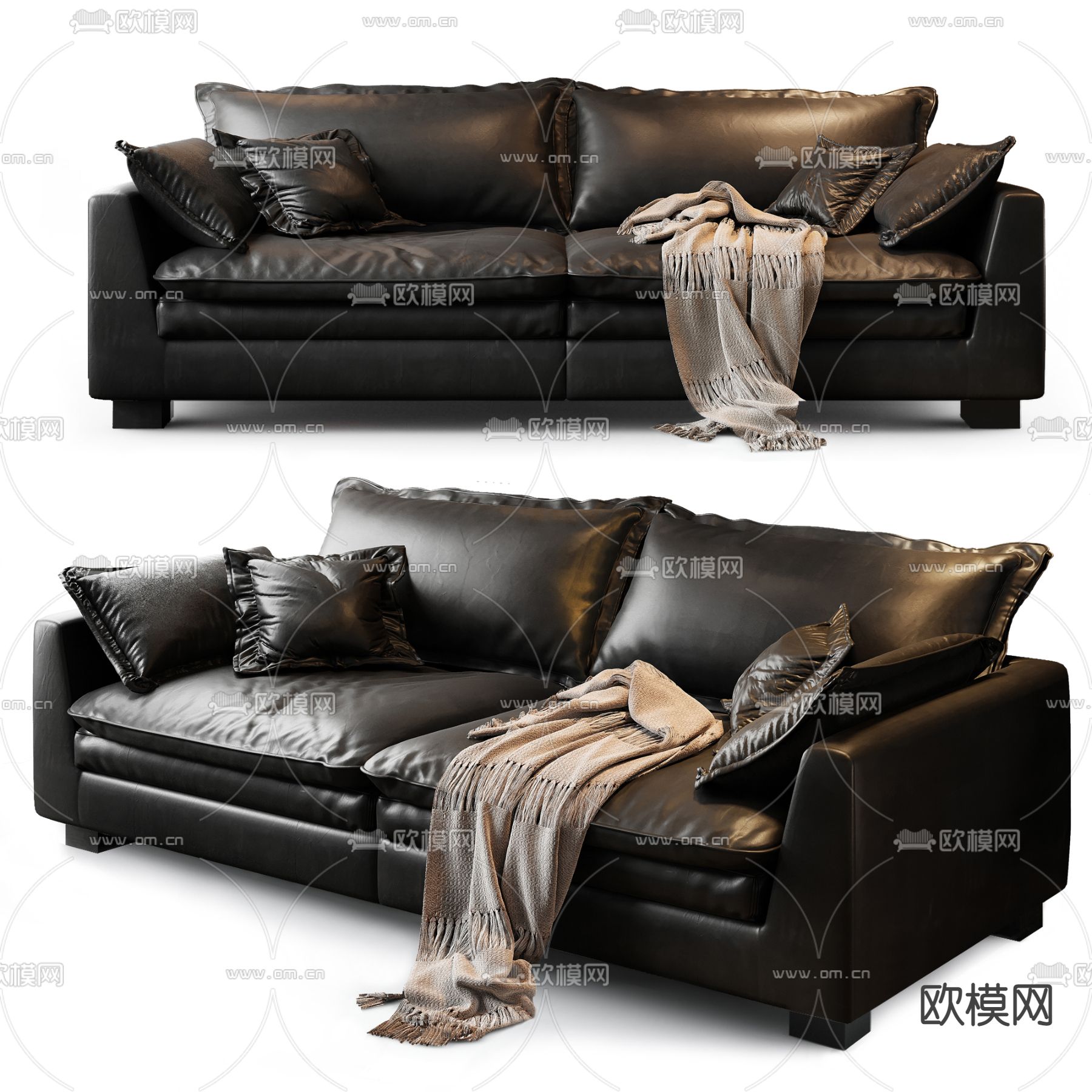 现代黑色皮革双人沙发3d模型下载（渲染图1）