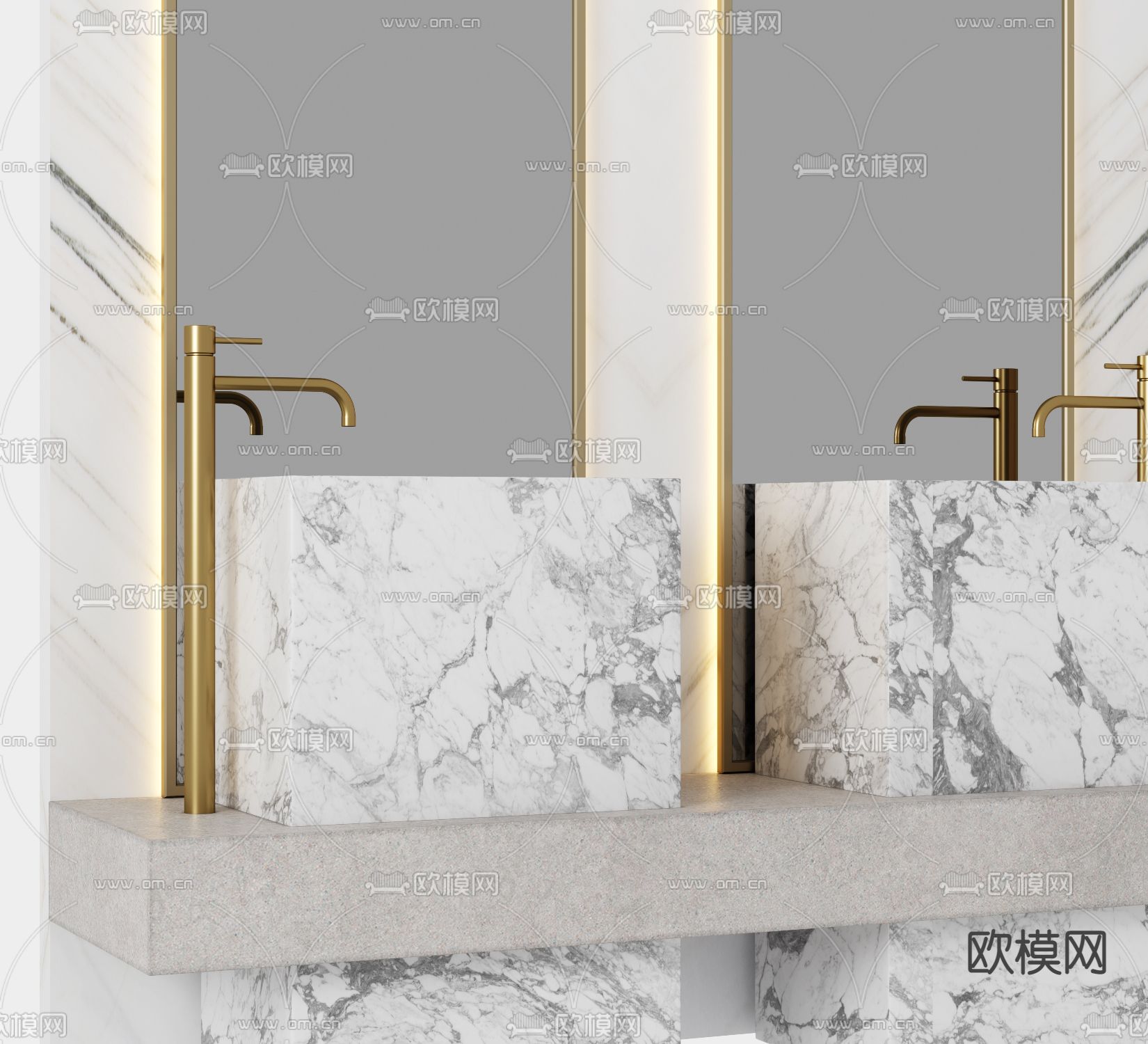 现代轻奢双盆洗手台3d模型下载（渲染图1）