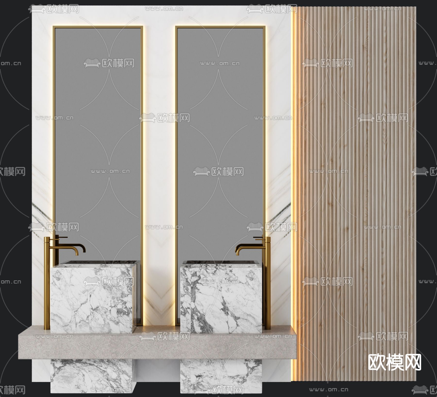 现代轻奢双盆洗手台3d模型下载（渲染图2）