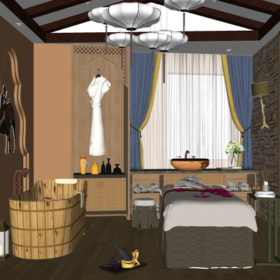  东南亚spa养生会所su模型 