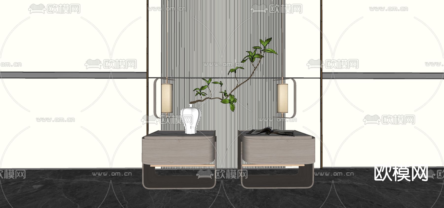 新中式床头柜su模型下载（渲染图2）