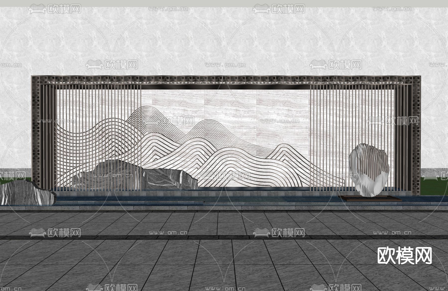 新中式景墙围墙su模型下载