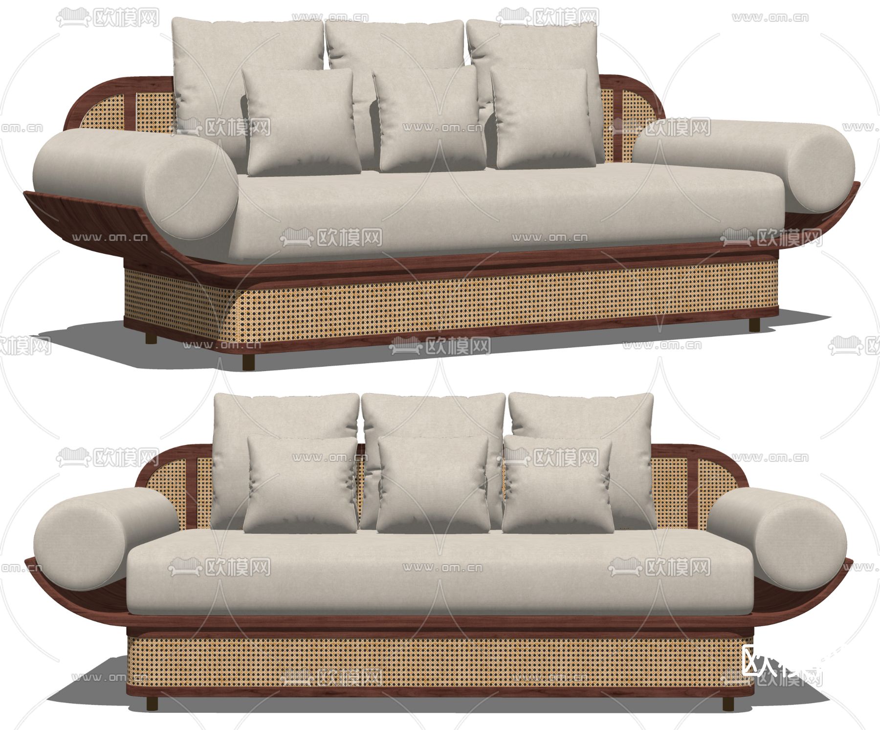 侘寂藤编多人沙发su模型下载（渲染图2）
