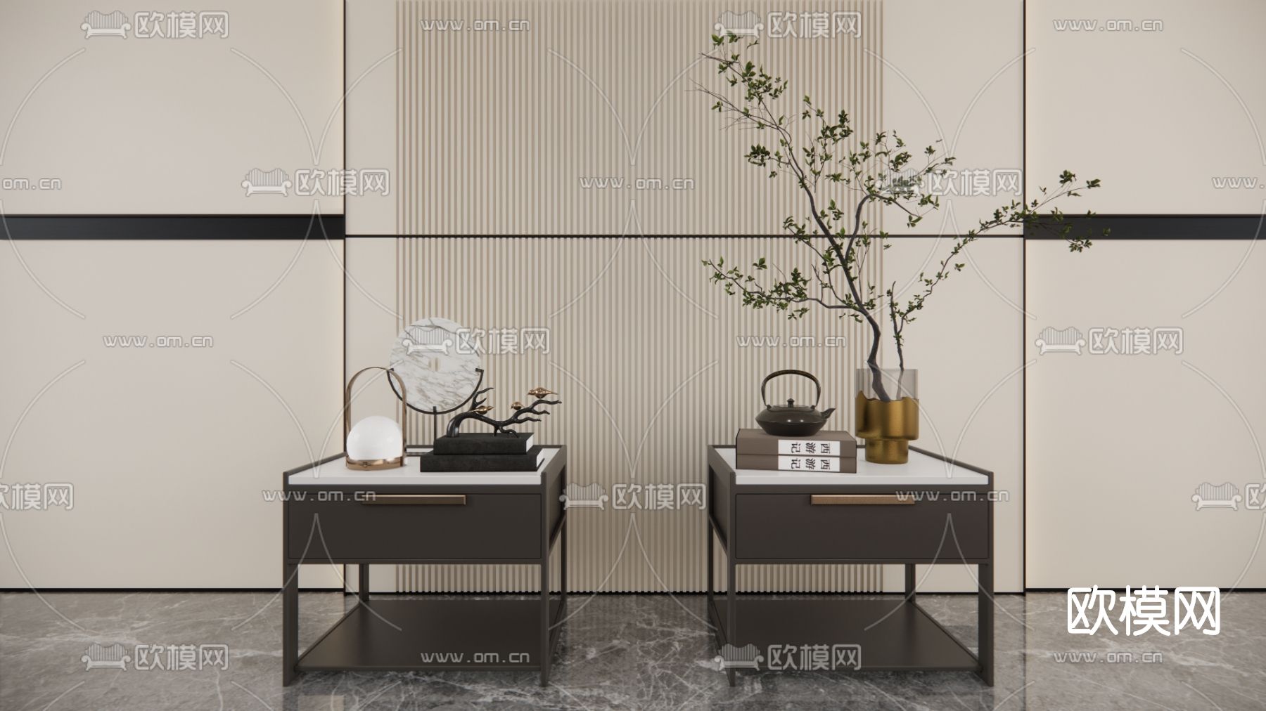 新中式床头柜su模型下载（渲染图1）